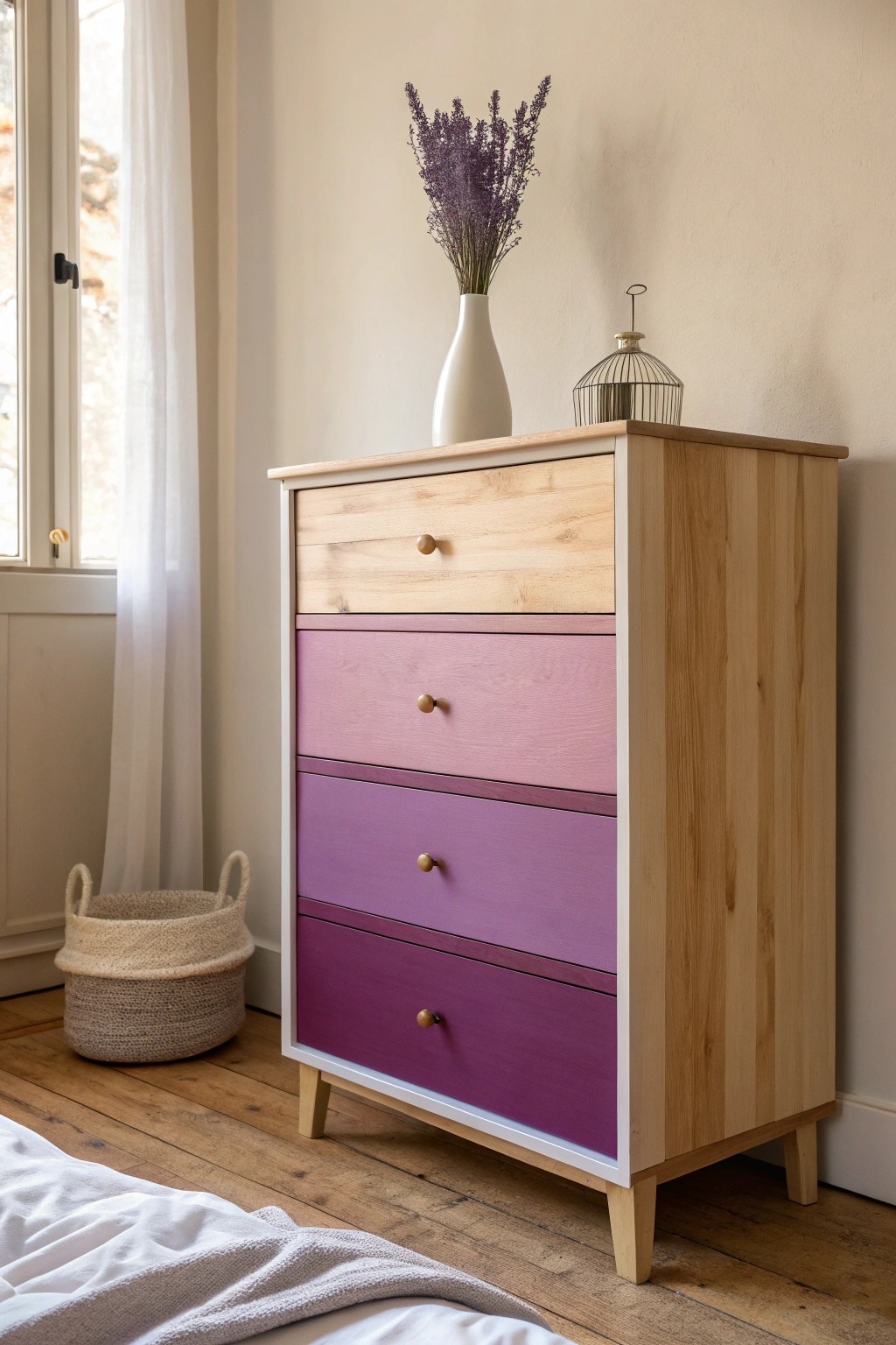 Let a color-blocked purple dresser become your bedroom’s show-stopping centerpiece.