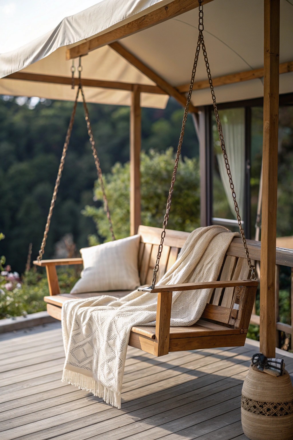 Cozy swing seat with canopy – your peaceful retreat, rain or shine.