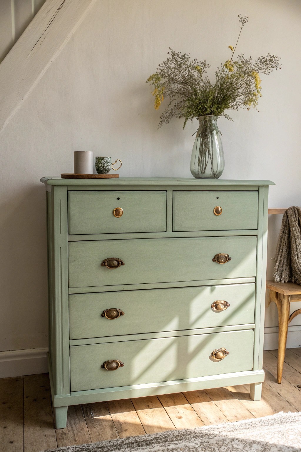 A vintage sage green dresser brings timeless charm to any bedroom.