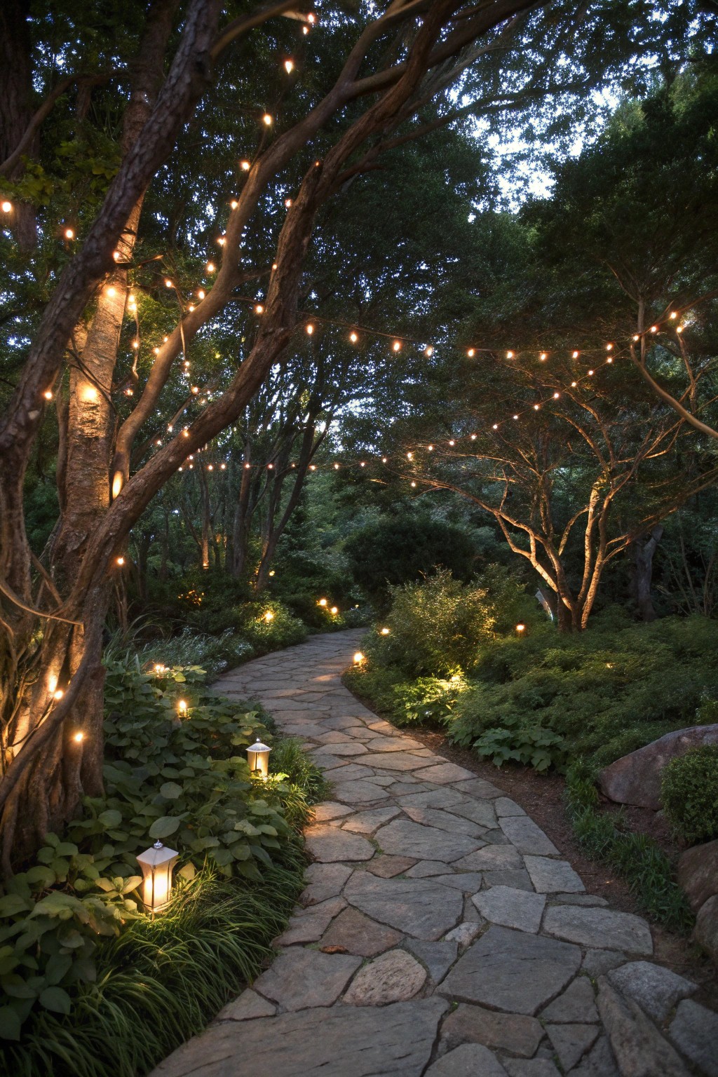 Soft lighting transforms a shaded garden into an evening wonderland.