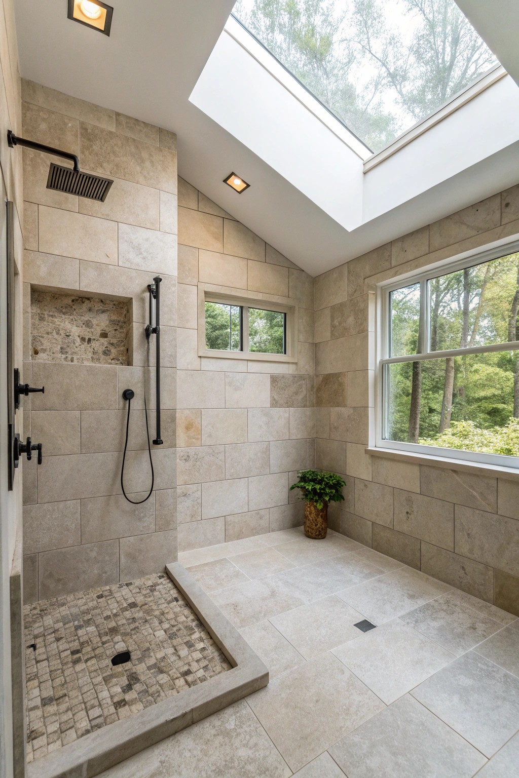Seamless open showers create a sense of spaciousness and easy movement.
