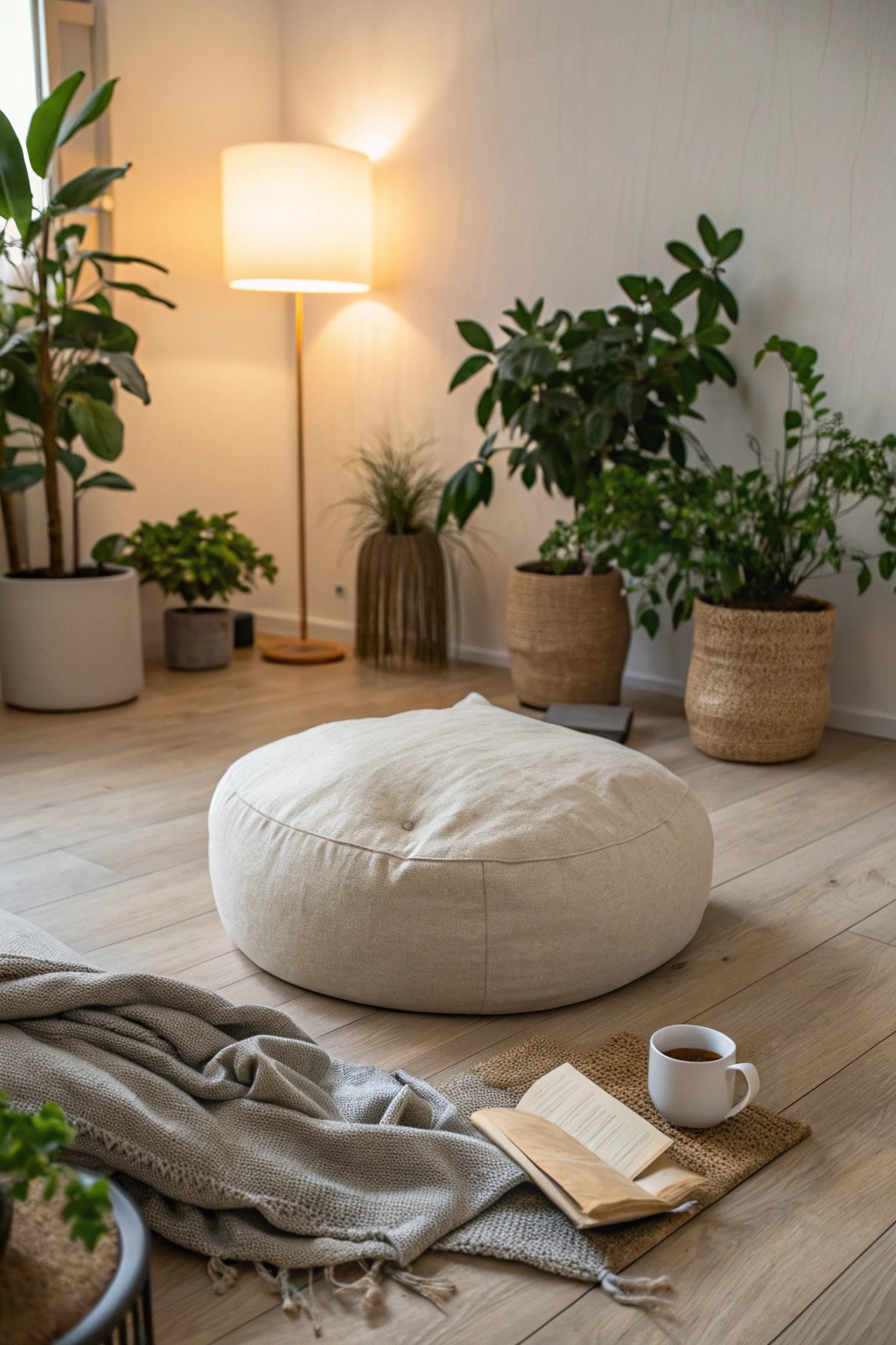 Create calm: a simple basement meditation nook with natural beauty and handcrafted comfort.