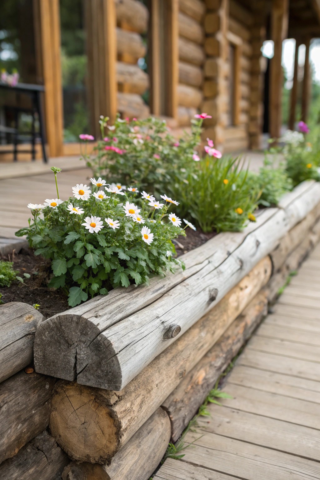 Embrace cozy cottage charm with a rustic wood border for your front yard flower bed.