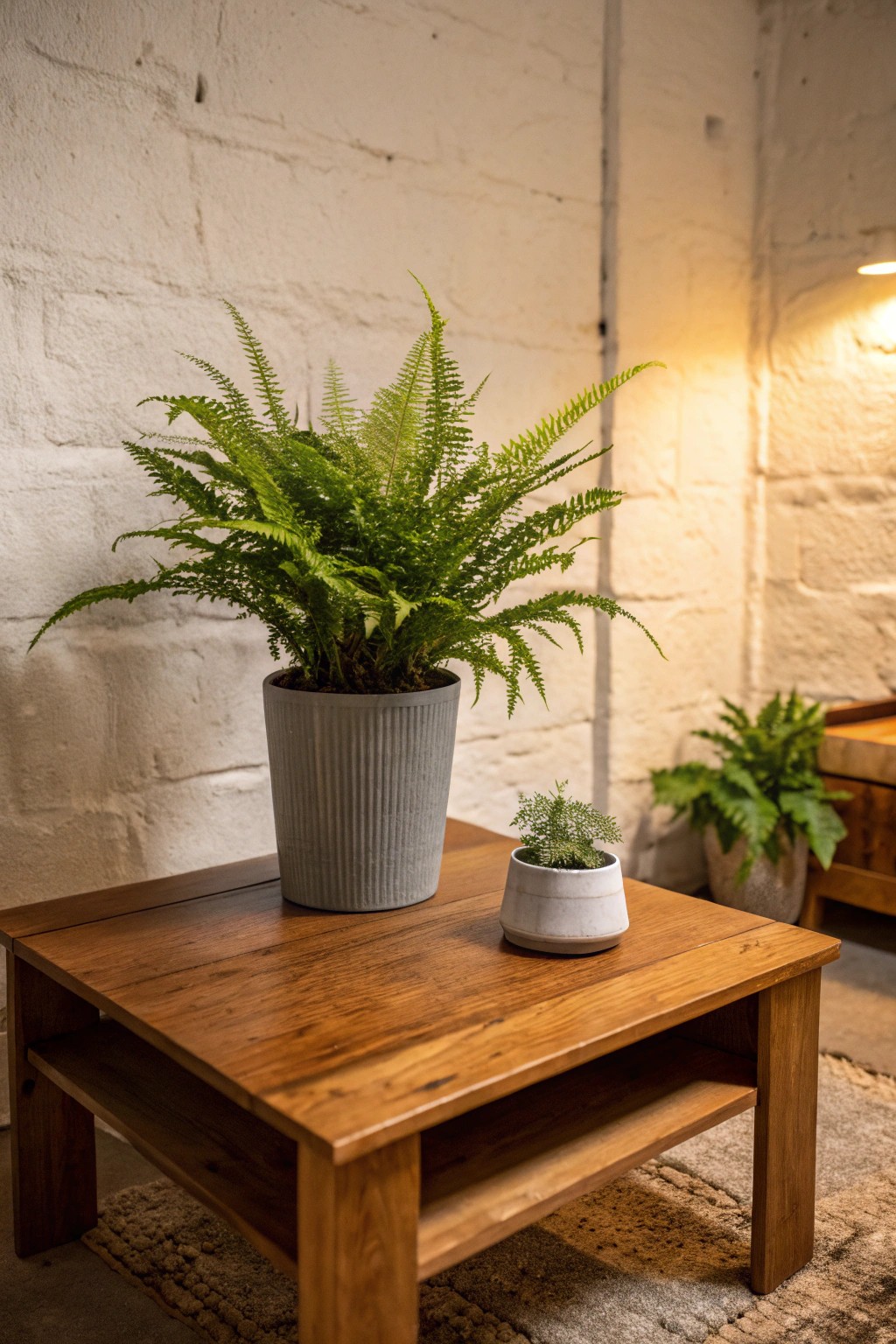 Bring life to your basement with the simple beauty of greenery and natural wood.