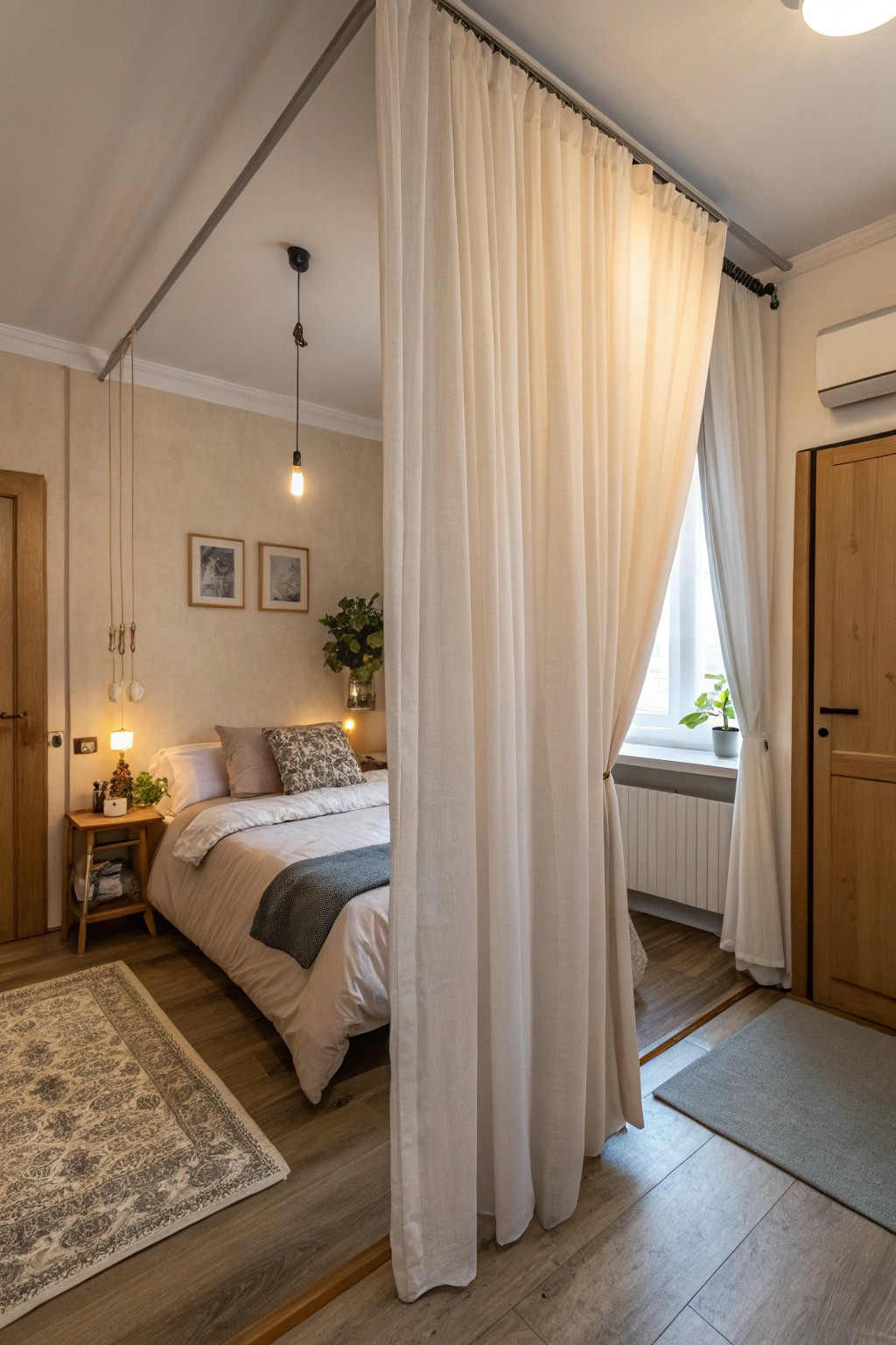 Curtains divide small spaces gracefully, offering privacy and style.