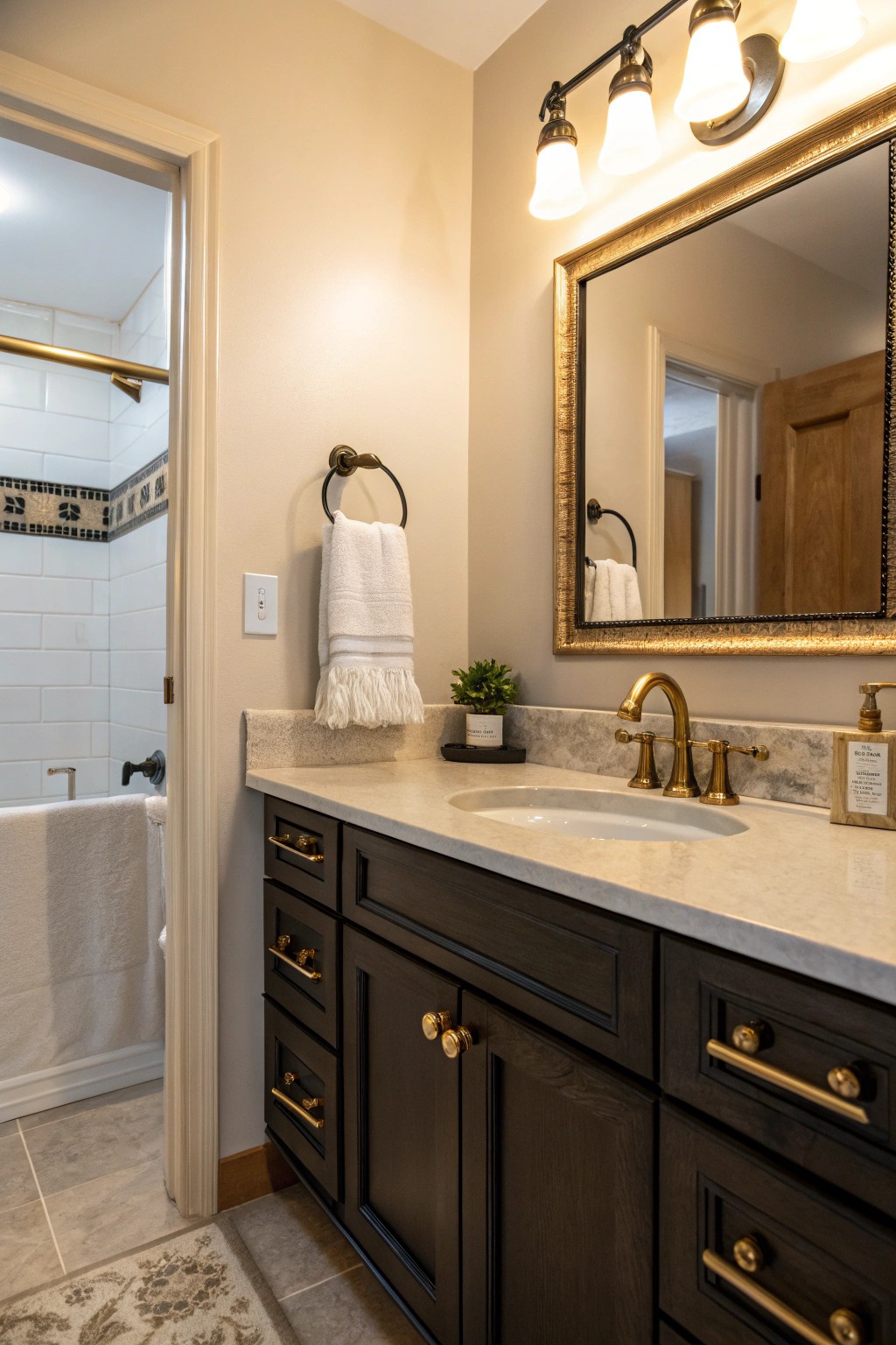 Mixed metal finishes add richness and modernity to a compact bath.