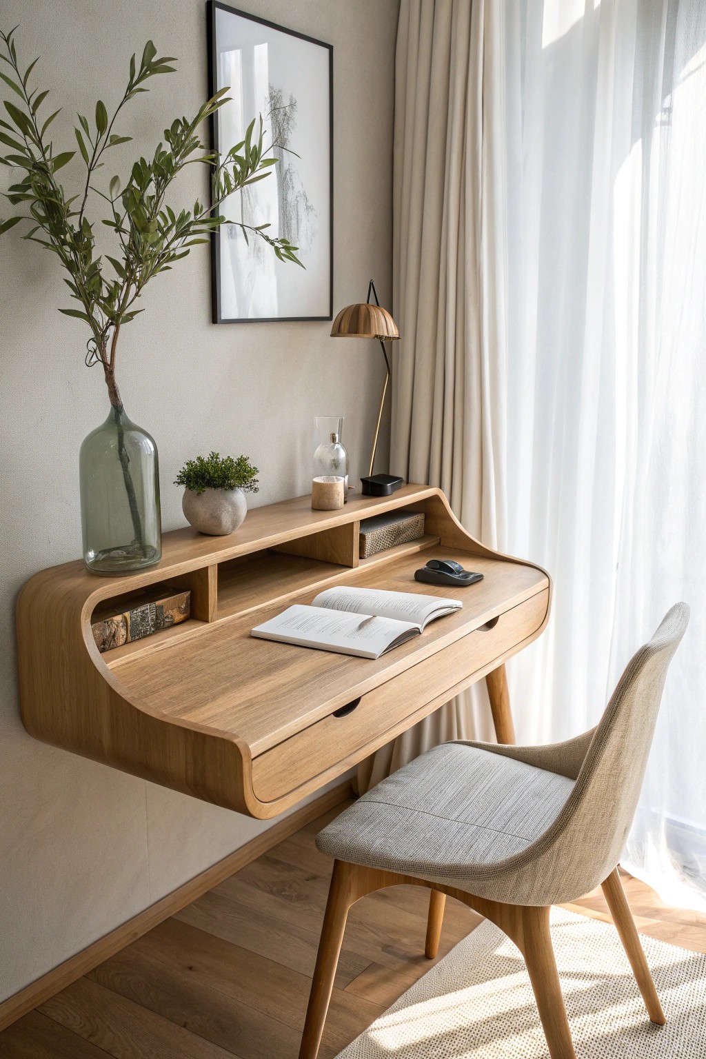 Effortless elegance: a floating desk nook brings function and calm to your master bedroom.