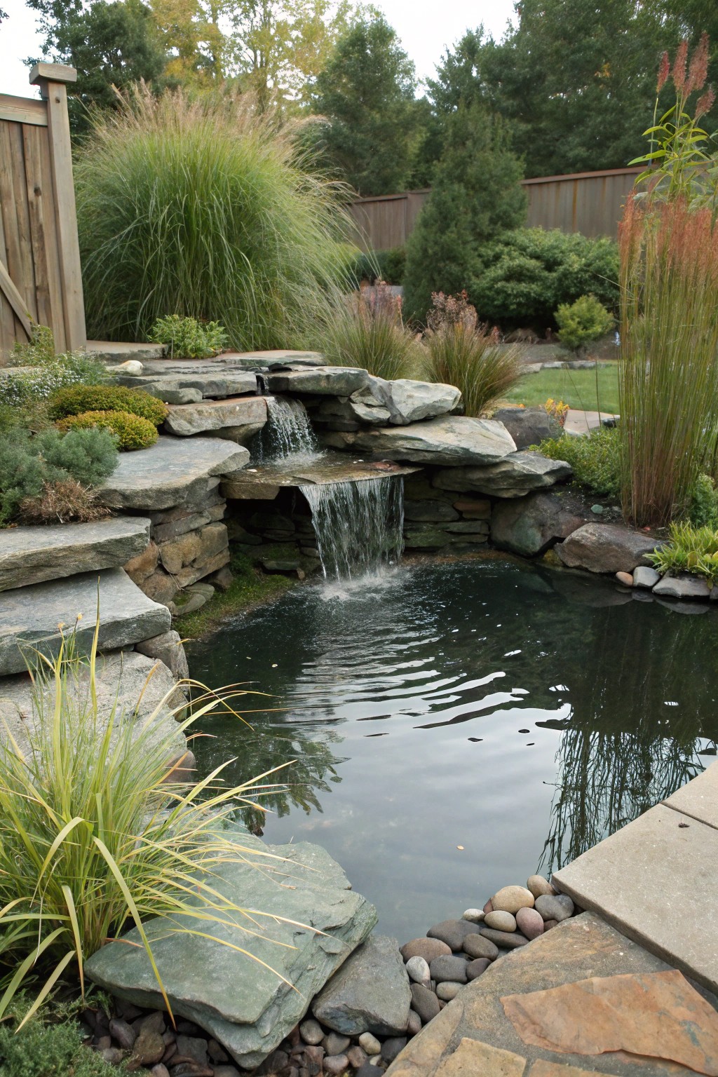 A mirror-edge pond with sharp lines and a reflective waterfall feature.