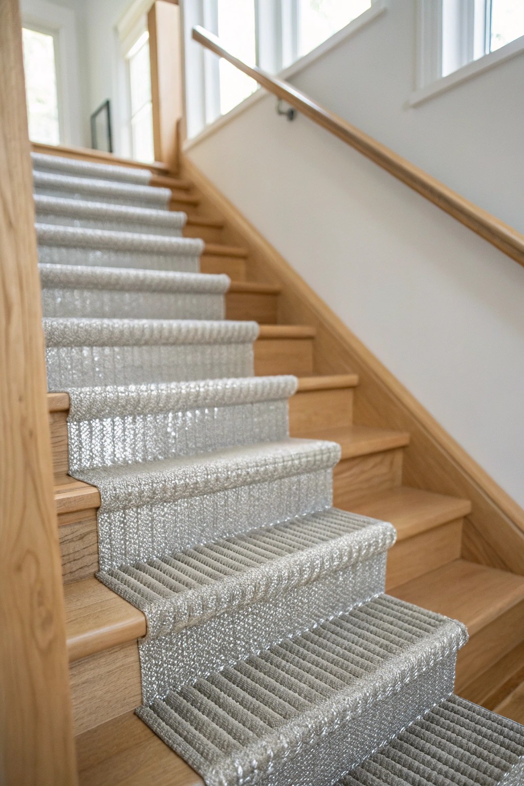 Shimmering silver: a modern metallic stair runner transforms simplicity into luxury.