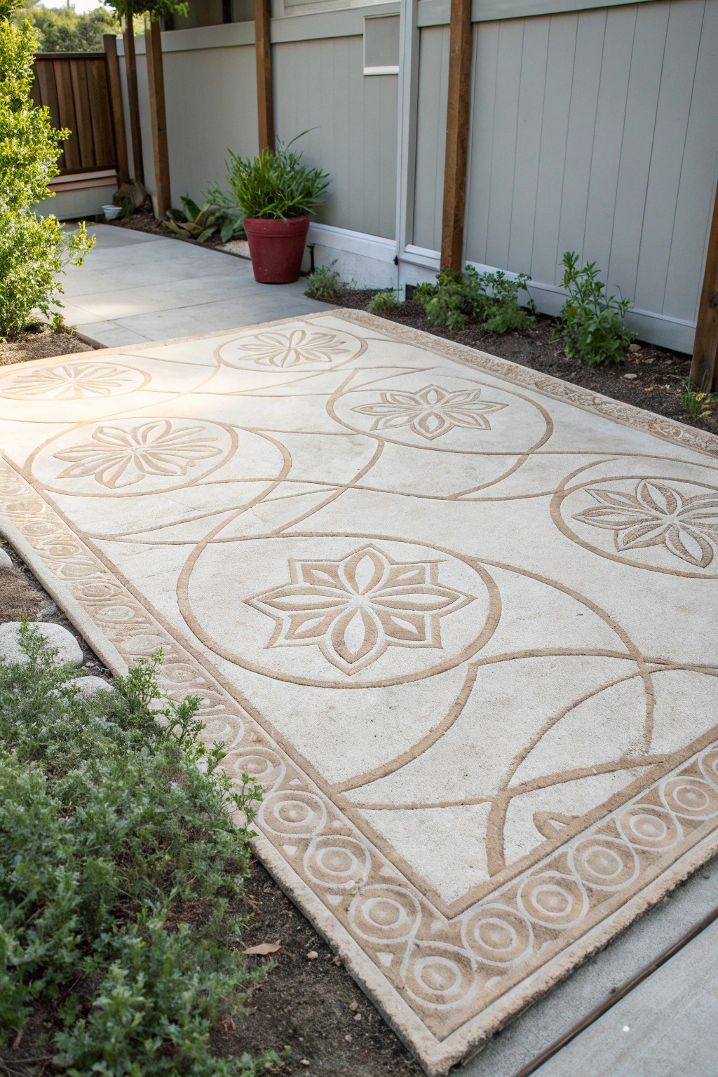 Transform your patio with a stunning stamped faux rug—where artistry meets outdoor living.