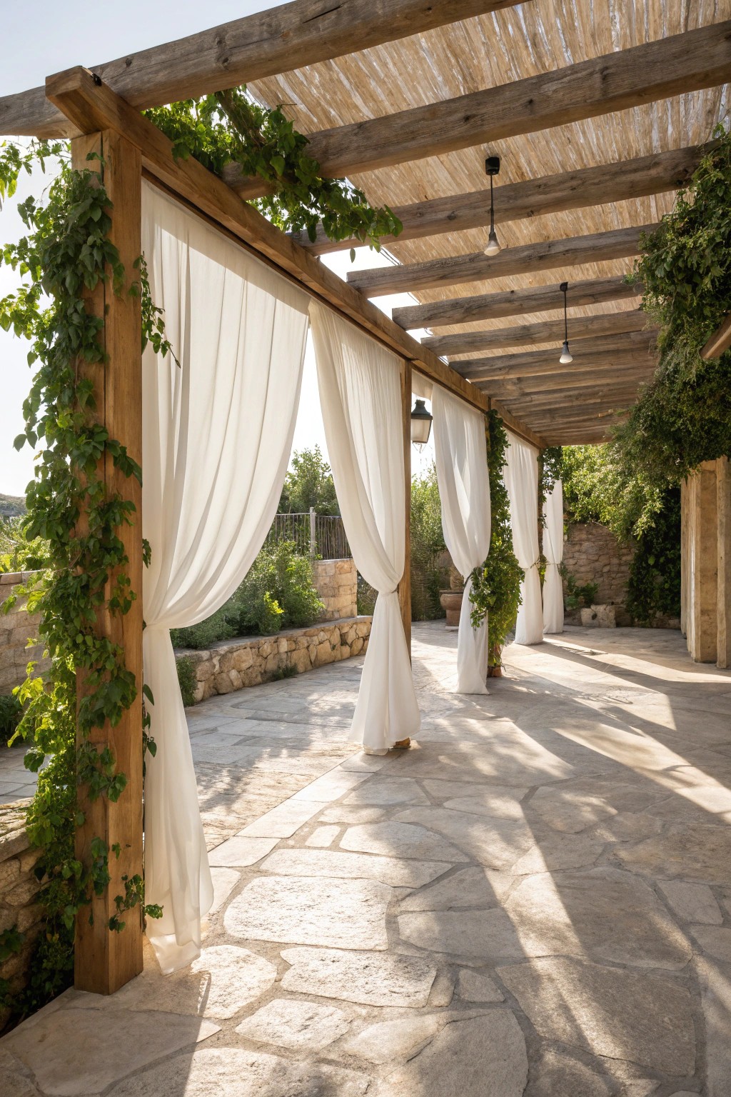 Serene stone patio retreat under a vine-draped pergola—nature and craftsmanship in perfect harmony.