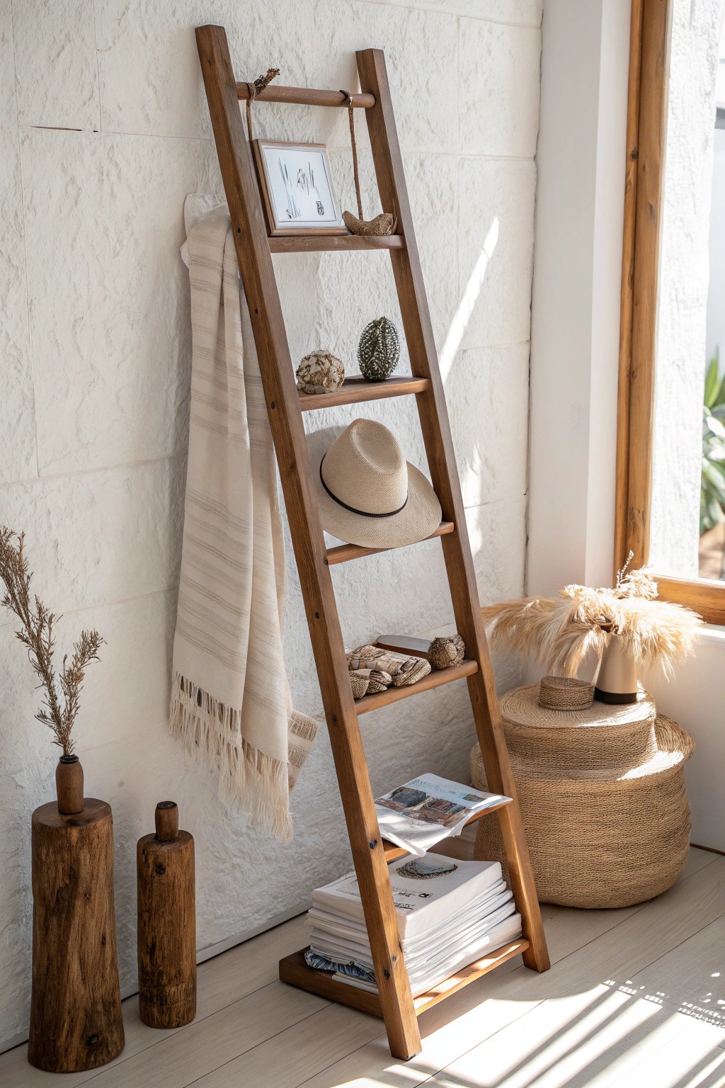 Elevate your space: a simple wooden ladder becomes stunning vertical storage for hats, magazines, and jewelry.