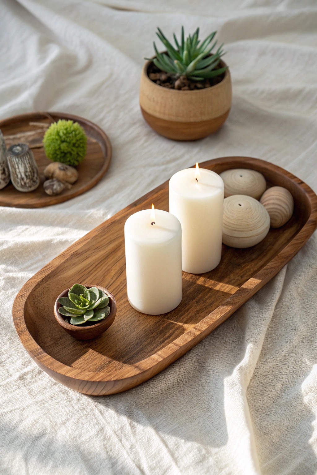 Effortless elegance: an eclectic centerpiece tray blending candles, greenery, and handmade decor.