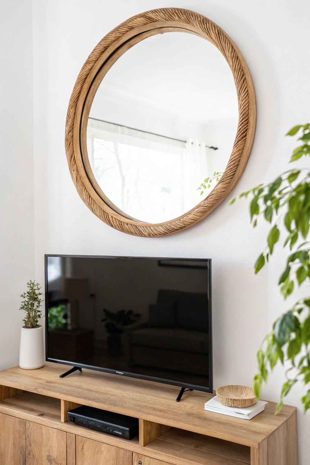 Elevate your TV space with a beautiful round mirror for light, style, and simplicity.
