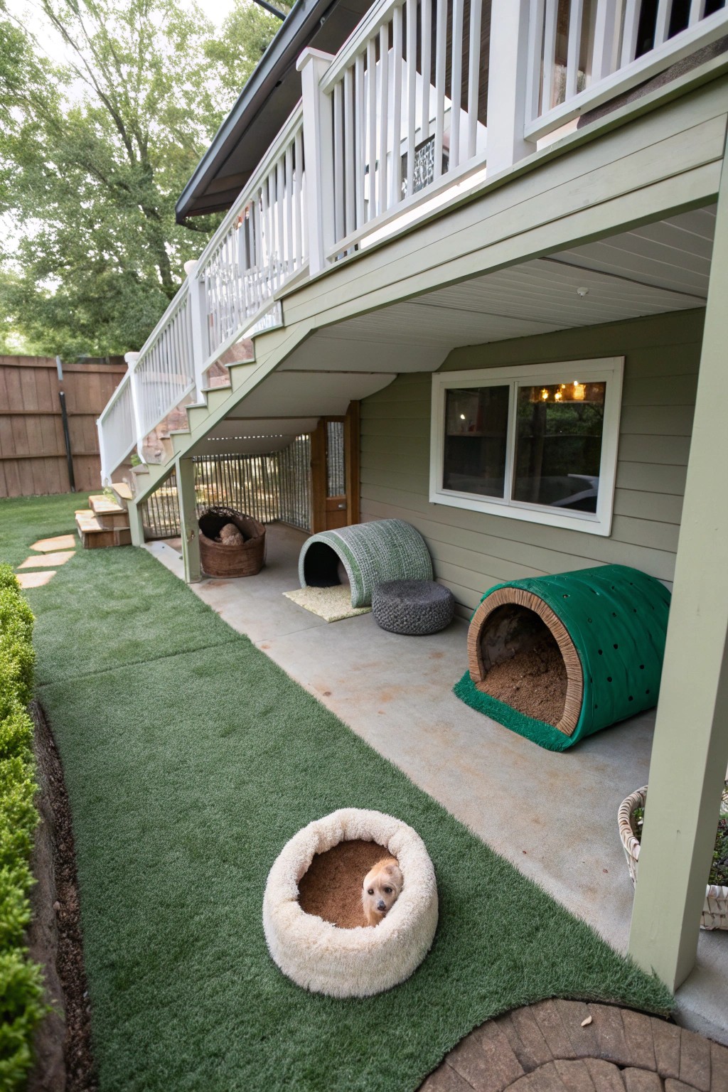 A custom pet paradise under the deck keeps furry friends happy and safe outdoors.