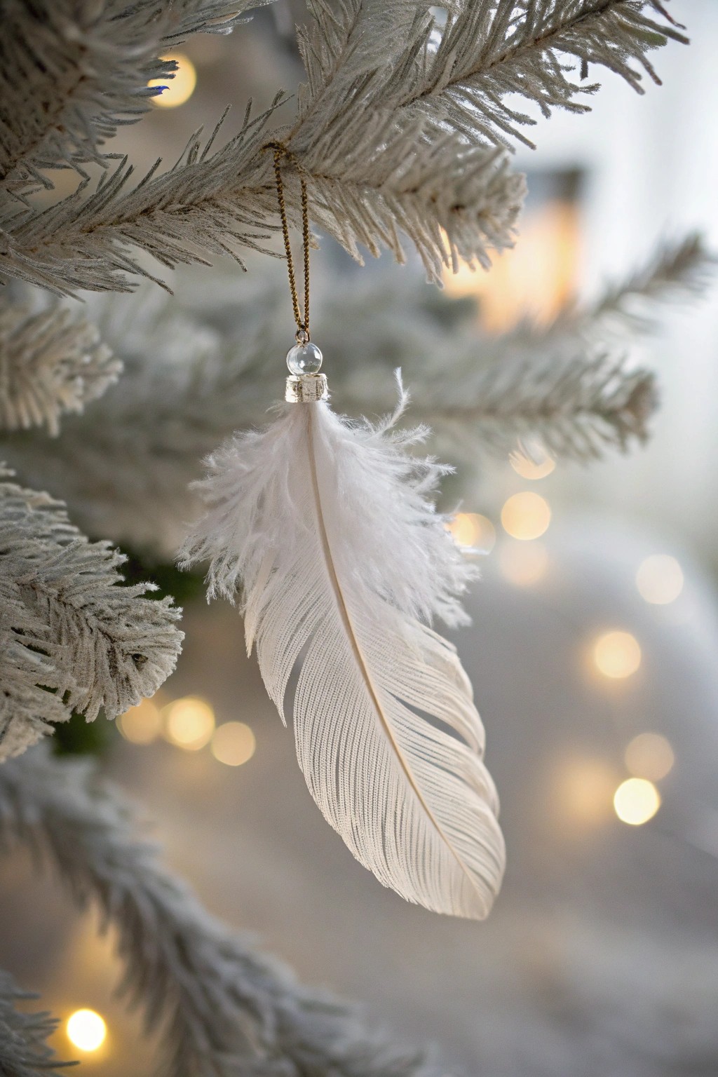 Ethereal beauty: a single feather ornament brings angelic charm to a white Christmas tree.