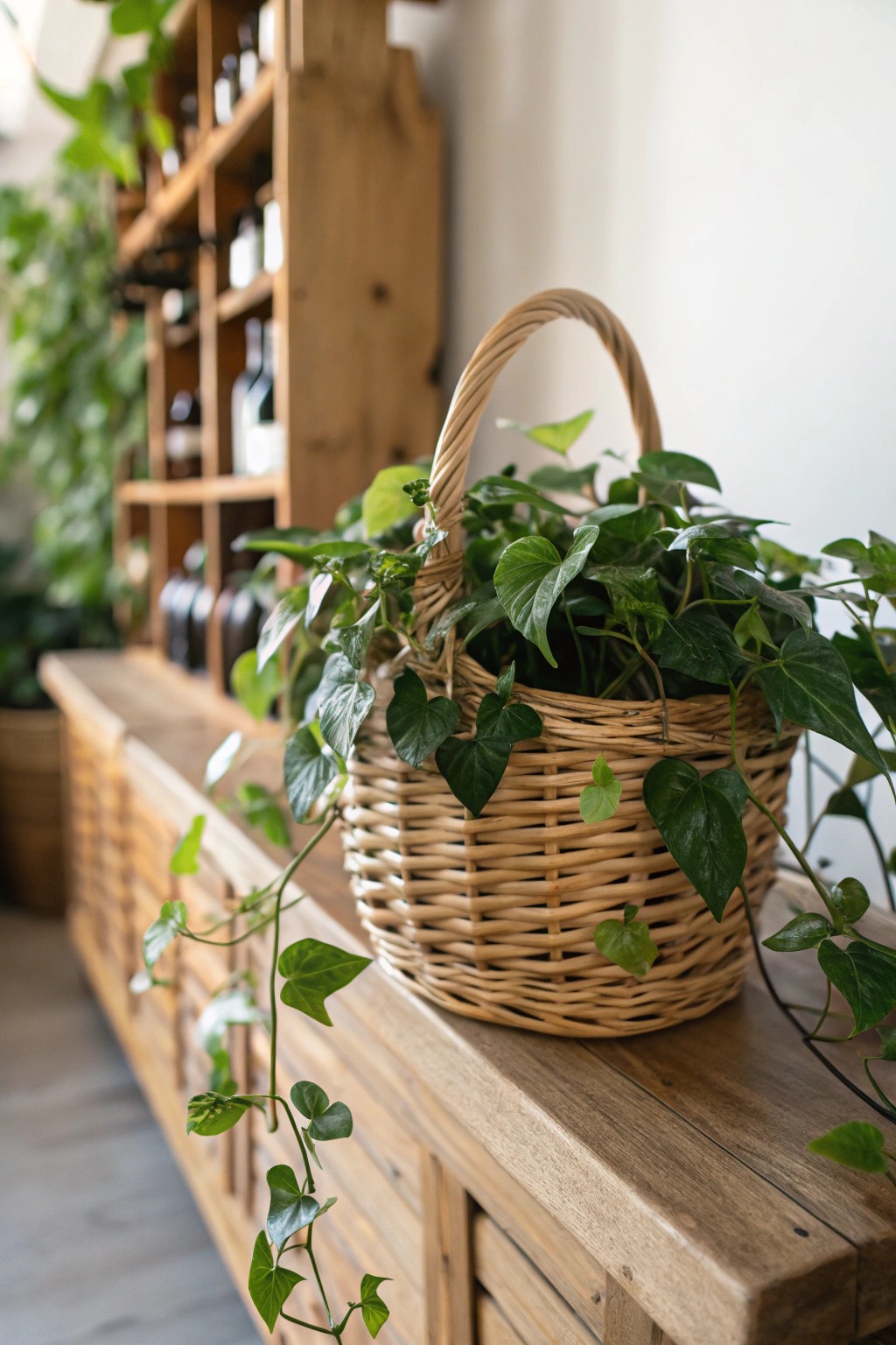 Bring natural charm to your wine cellar with a simple wicker basket and lush pothos.