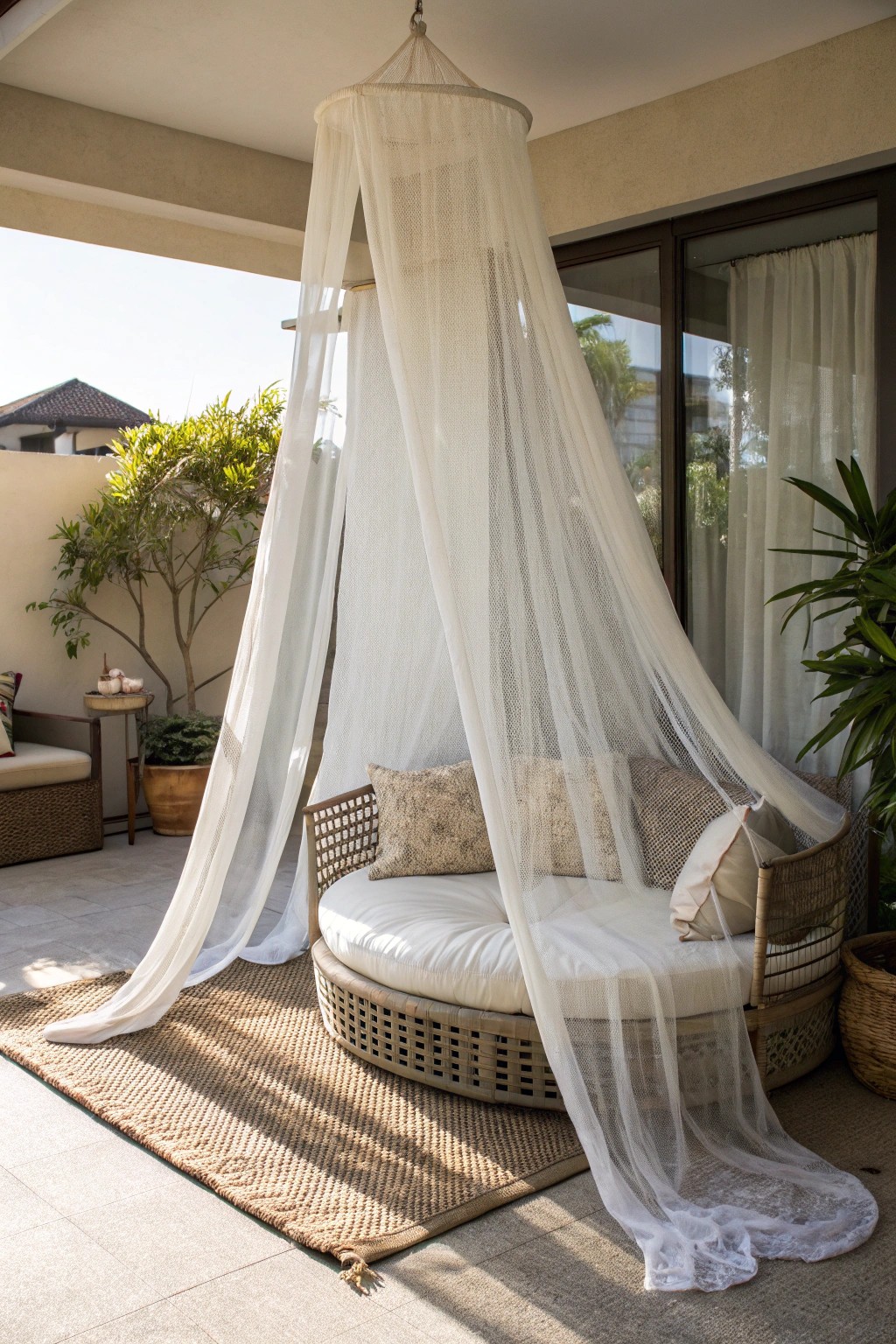 Create boho patio magic with a simple sheer mosquito net canopy.