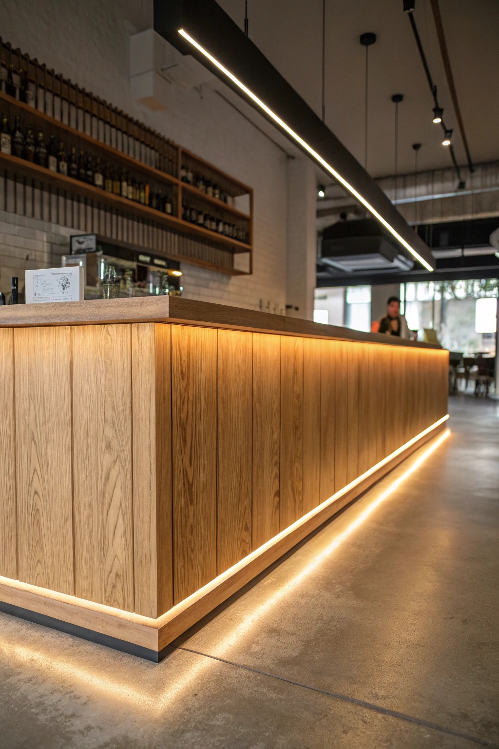 A gentle under-counter glow transforms natural wood into an evening-ready bar centerpiece.