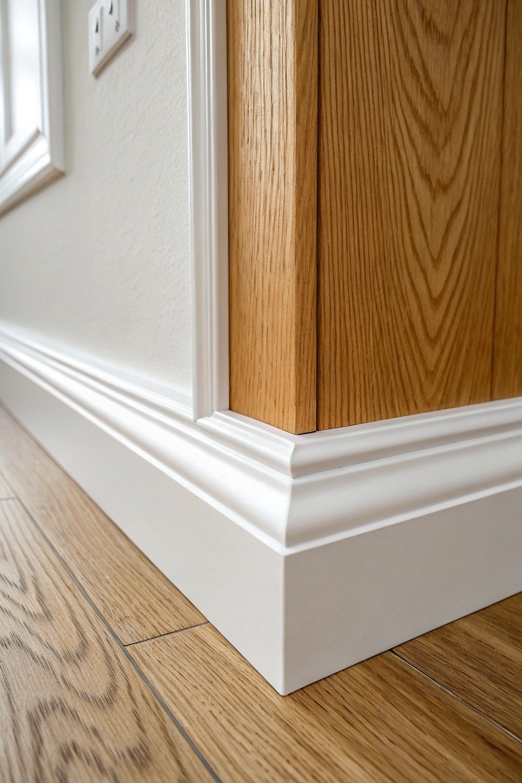 Elevate your space with the artful mix of painted MDF and natural wood baseboard trim.