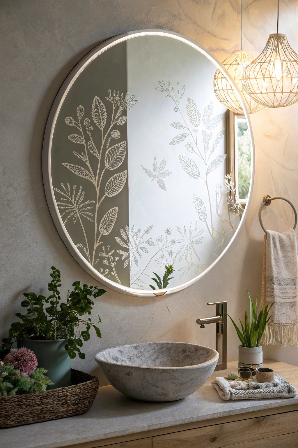 A botanical-etched mirror turns reflection into art—simple, serene, and beautifully crafted.