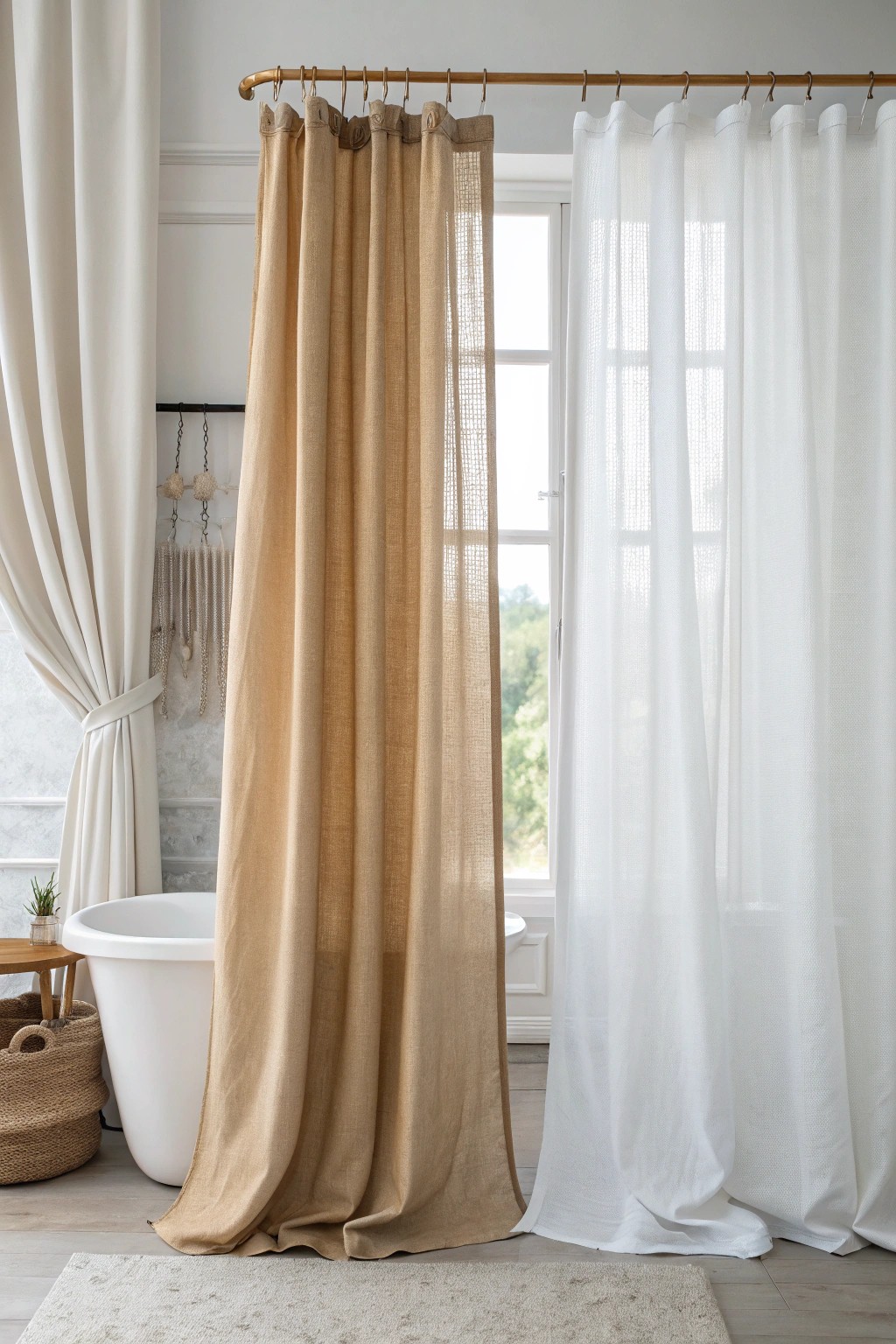Elevate your bathroom with layered curtains—sheer for sunlight, opaque for privacy.