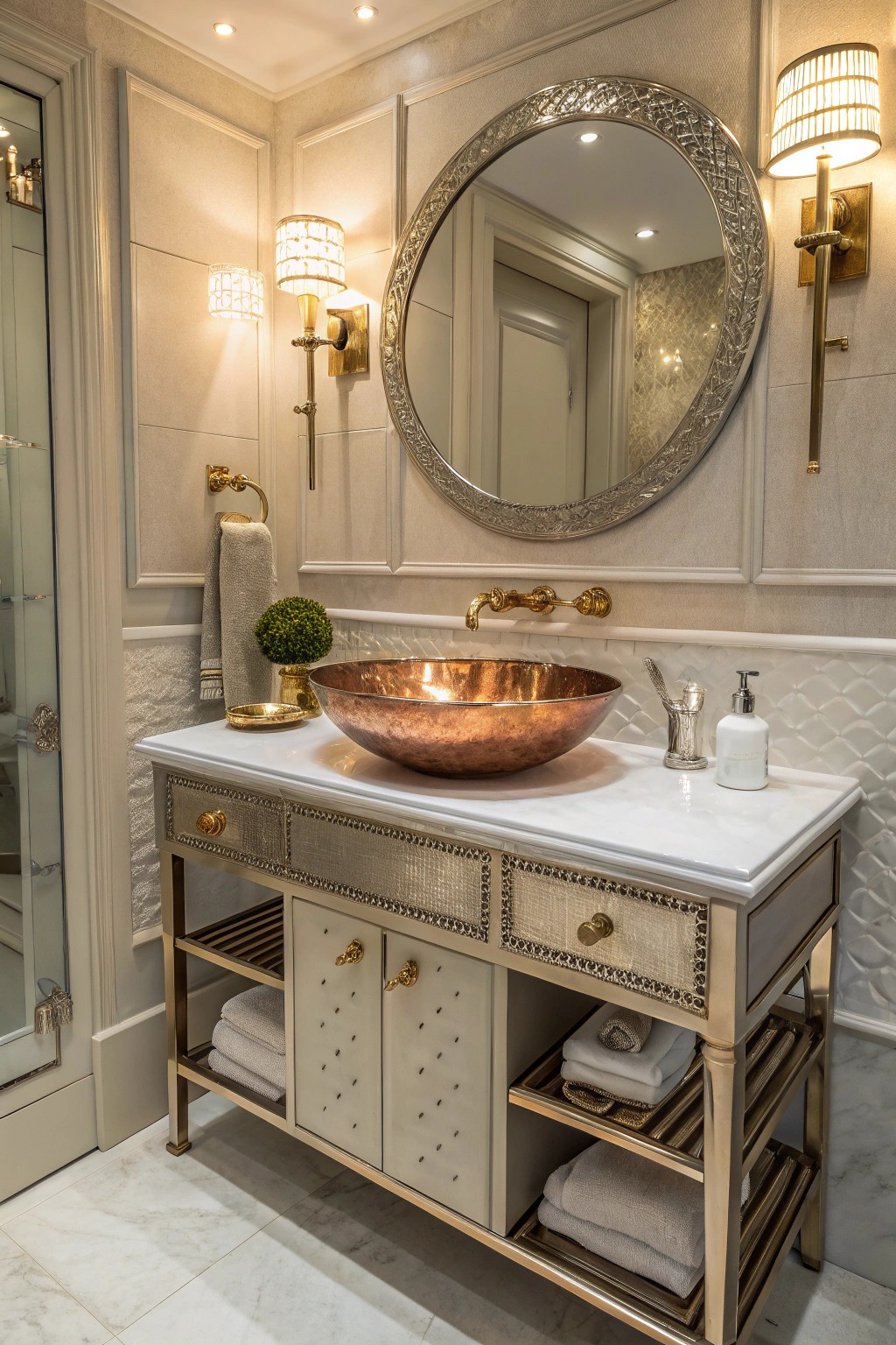 Metallic sinks elevate the bathroom with shine and reflective beauty