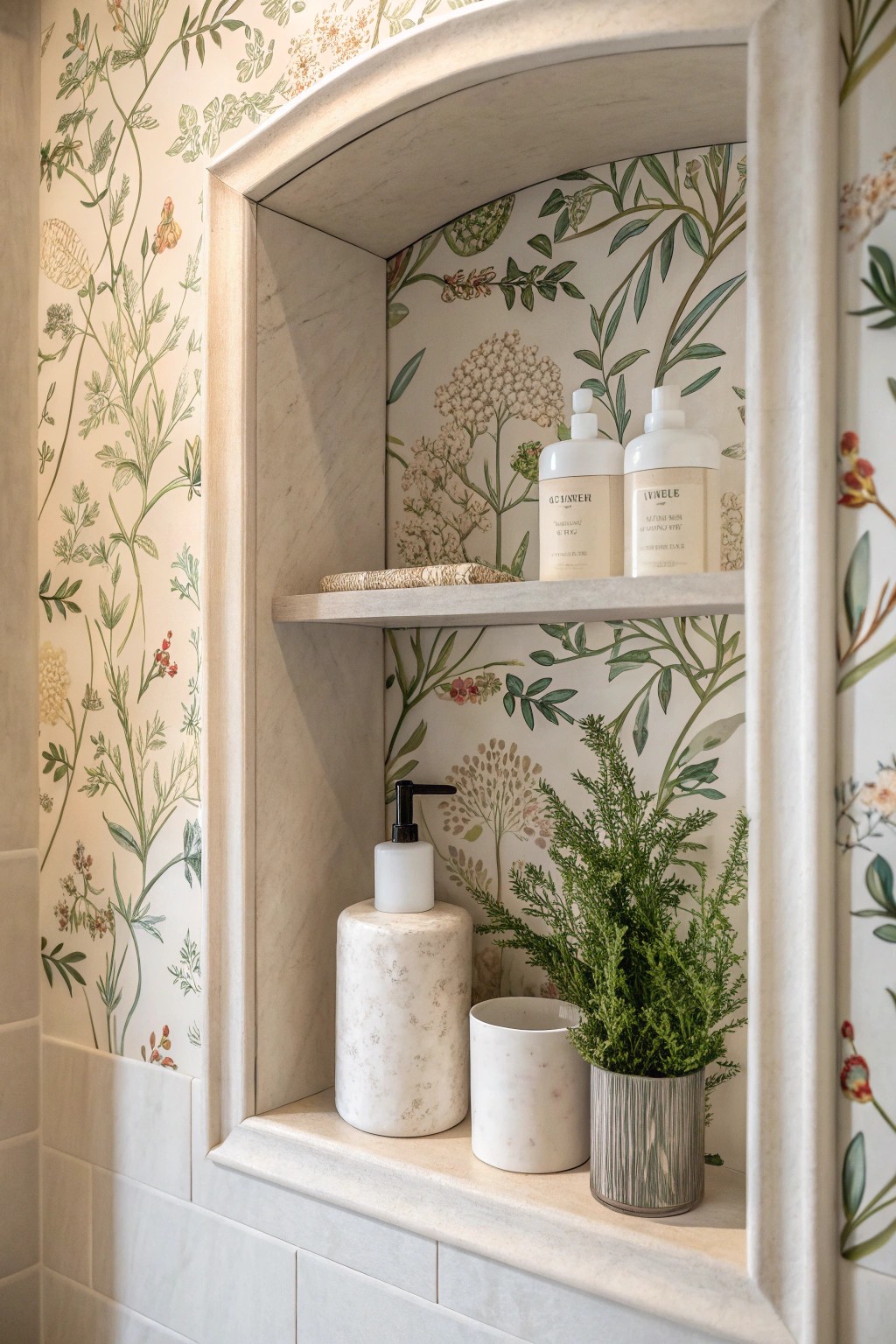 Elevate your bathroom with a beautifully wallpapered niche—where function meets artisan style.