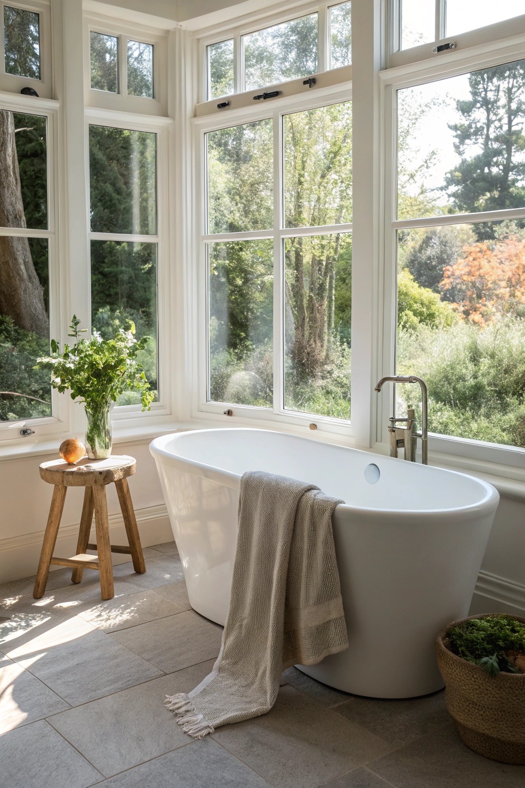 Soak in serenity: A freestanding tub transforms a bay window into a dreamy bathing sanctuary.