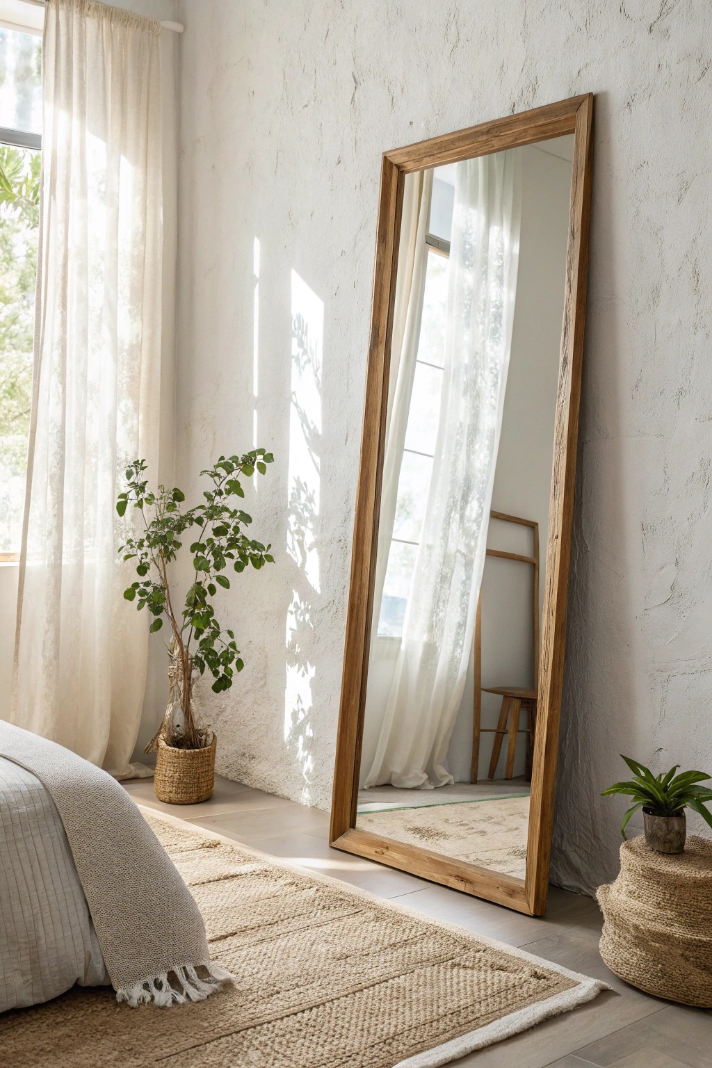 Open up your bedroom with a beautifully crafted oversized mirror and natural light.