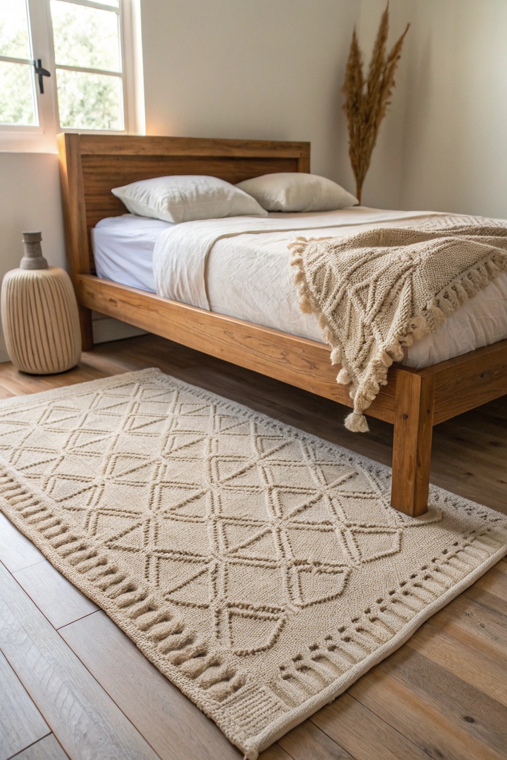 Modern movement: Elevate your bedroom with an artisanal rug placed off-center for effortless style.