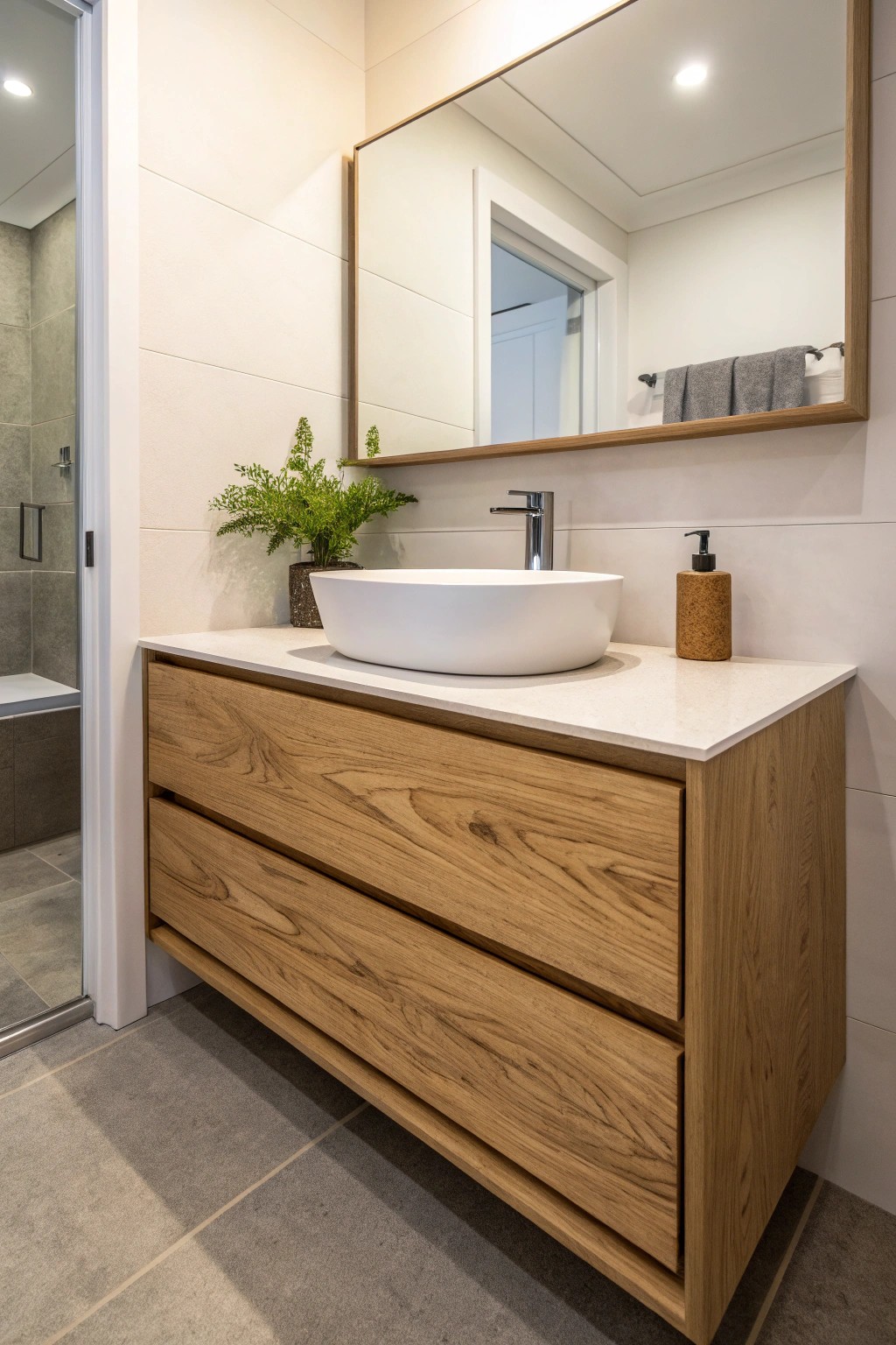 Effortless elegance—hide bathroom plumbing with a floating vanity and natural wood craftsmanship.