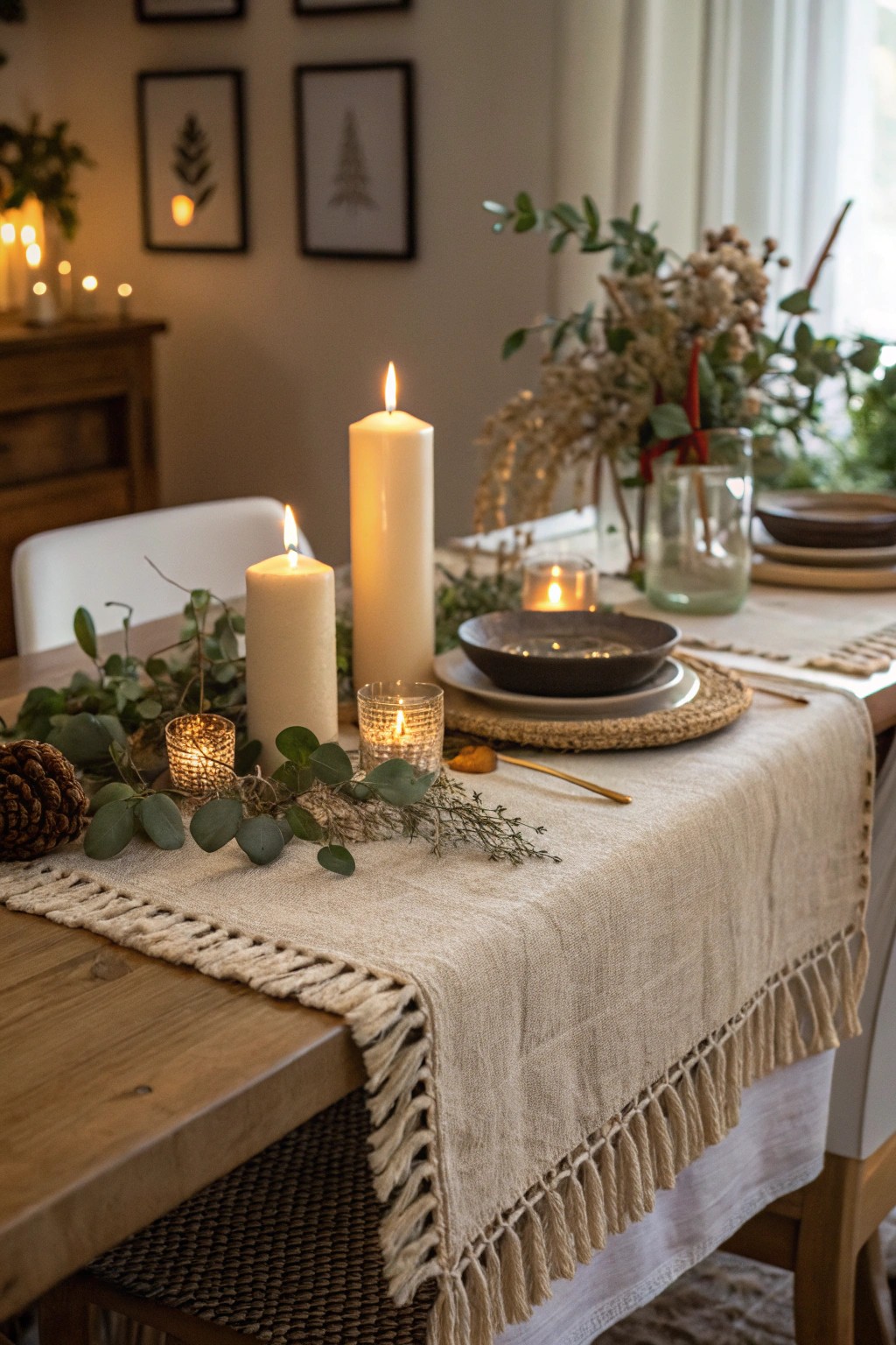 Textile layers and candles make the table feel warm, inviting, and thoughtfully styled.