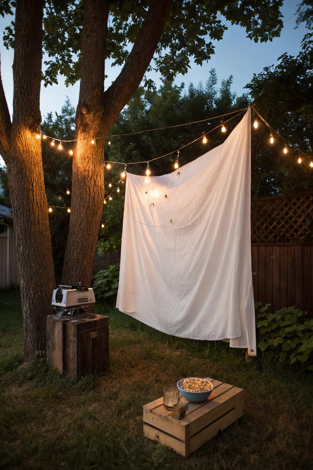 Transform your backyard into a magical outdoor movie theater with just a white sheet and simple touches.