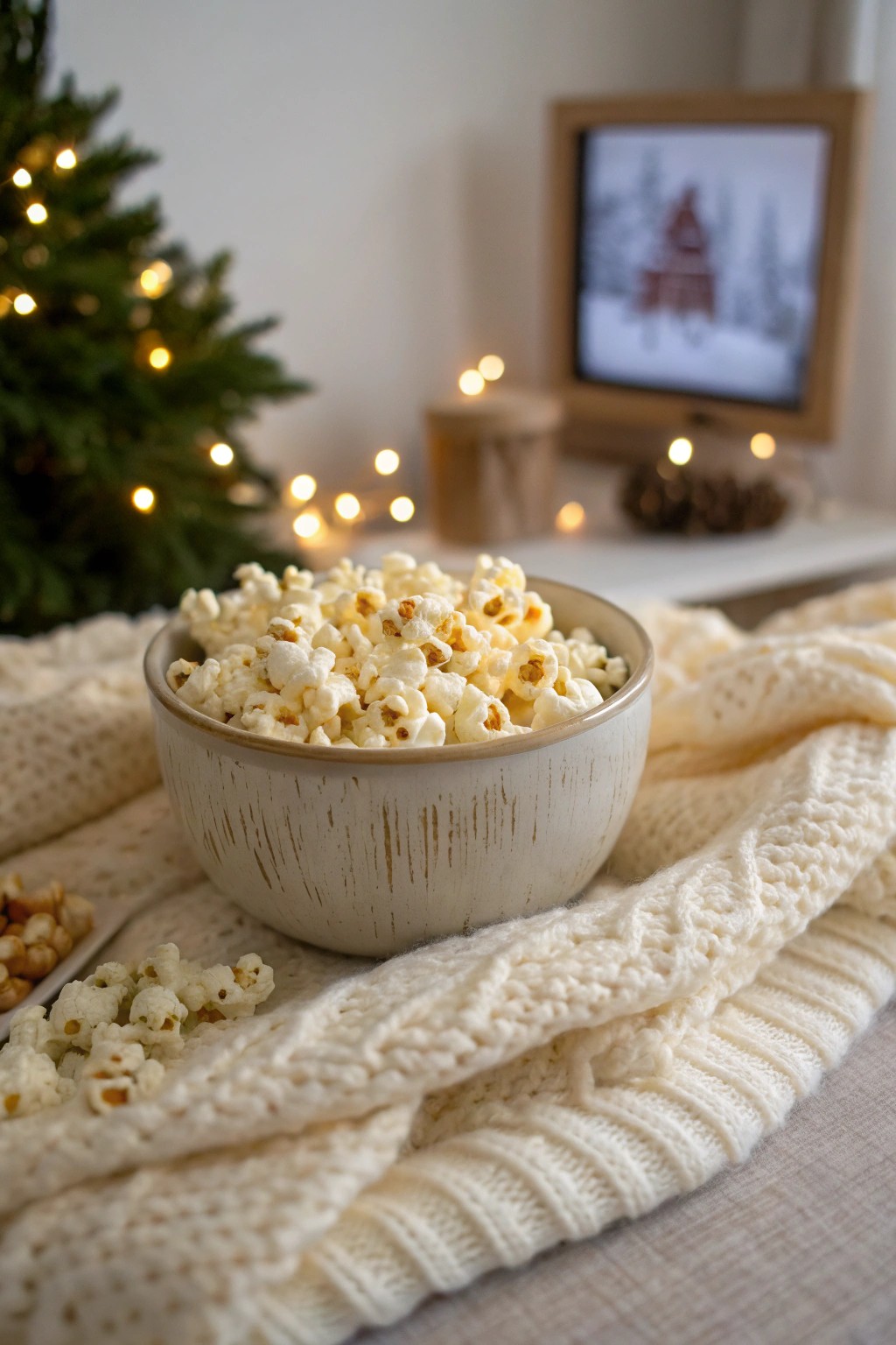 Holiday movie night bliss—popcorn, cozy textures, and festive warmth.