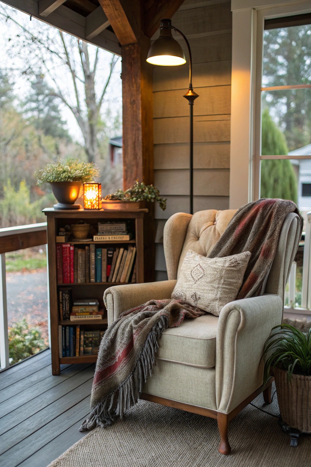 A reading nook on the porch is a dreamy spot to unwind.