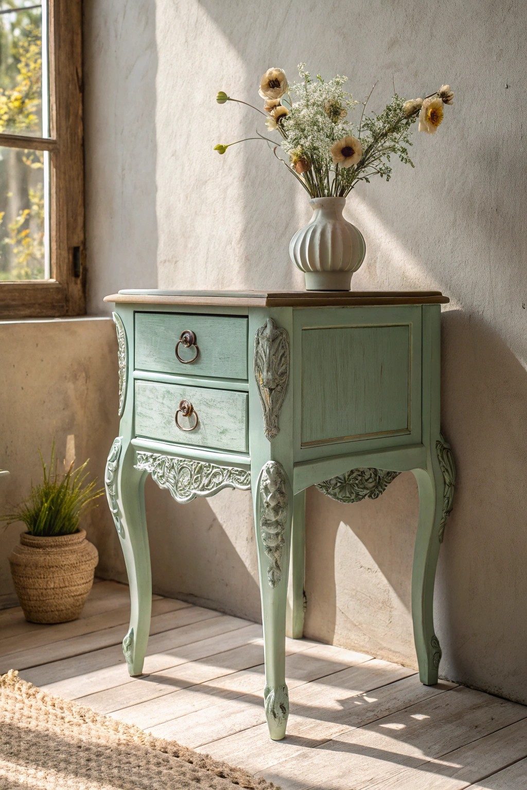 Charming upcycled nightstand—vintage elegance meets modern simplicity.
