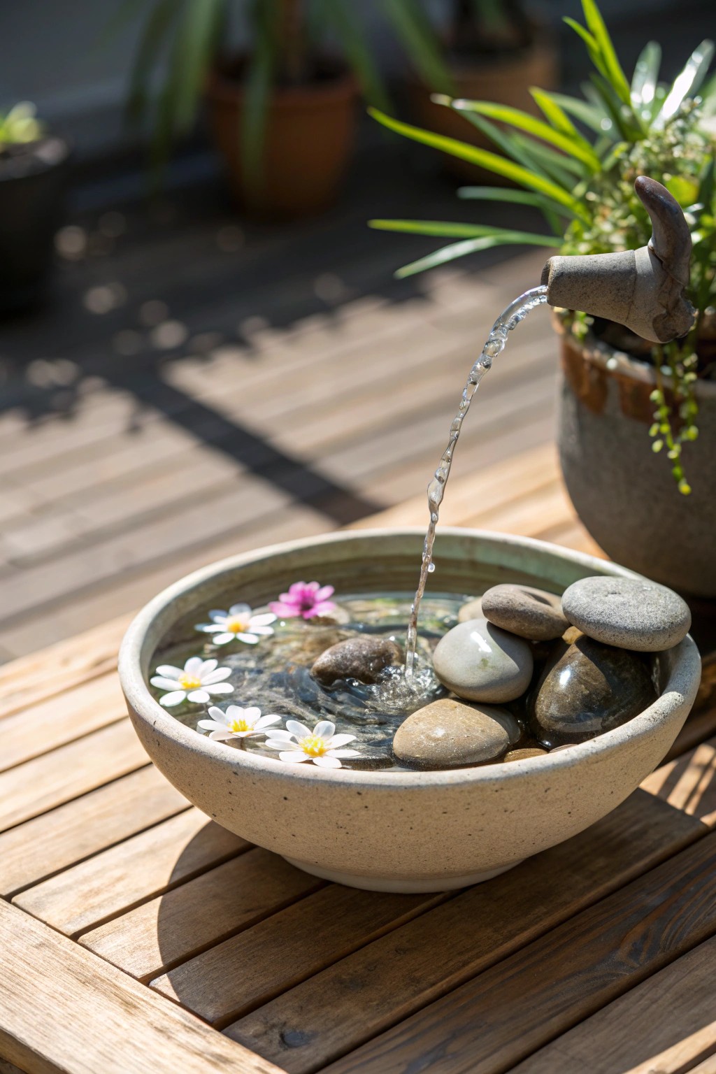 Elevate your deck with the soothing beauty of a mini tabletop fountain.