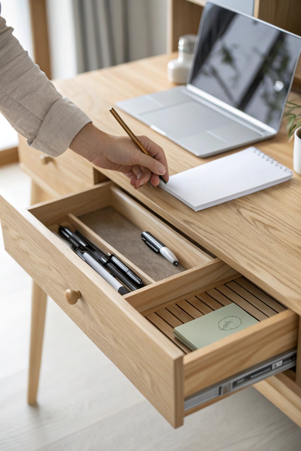 Effortless organization with a hidden under-desk drawer—where minimalism meets smart storage.