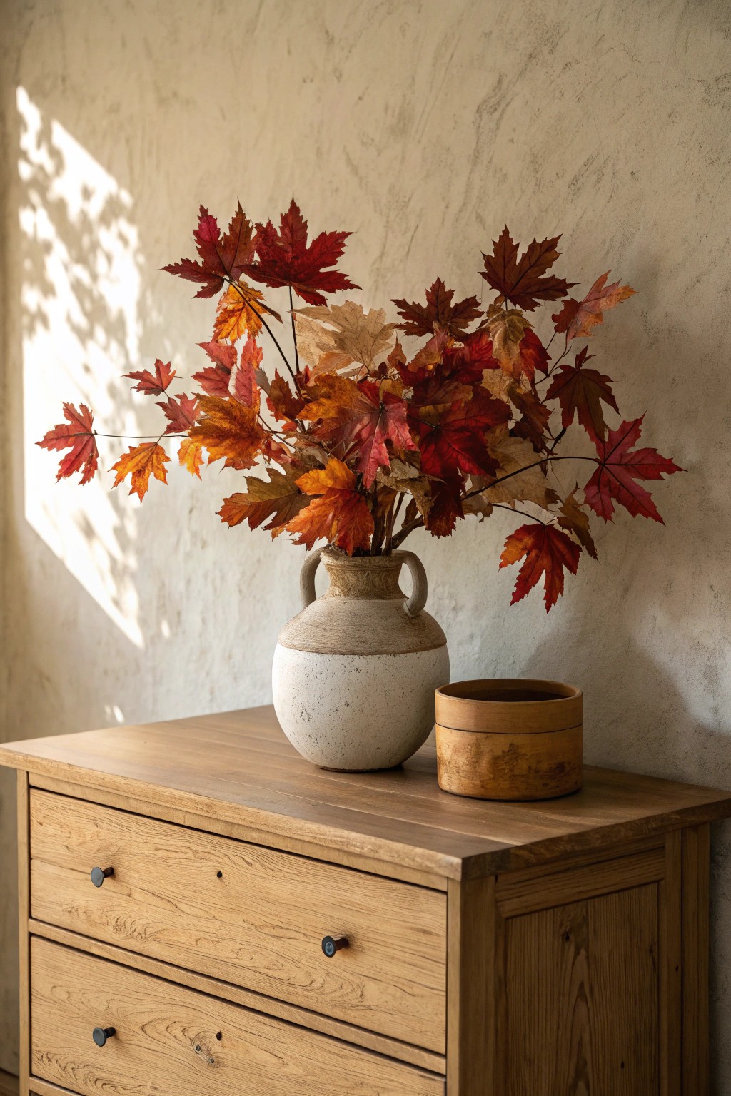 Welcome the season in style: a vase of autumn leaves brings effortless charm to your dresser.