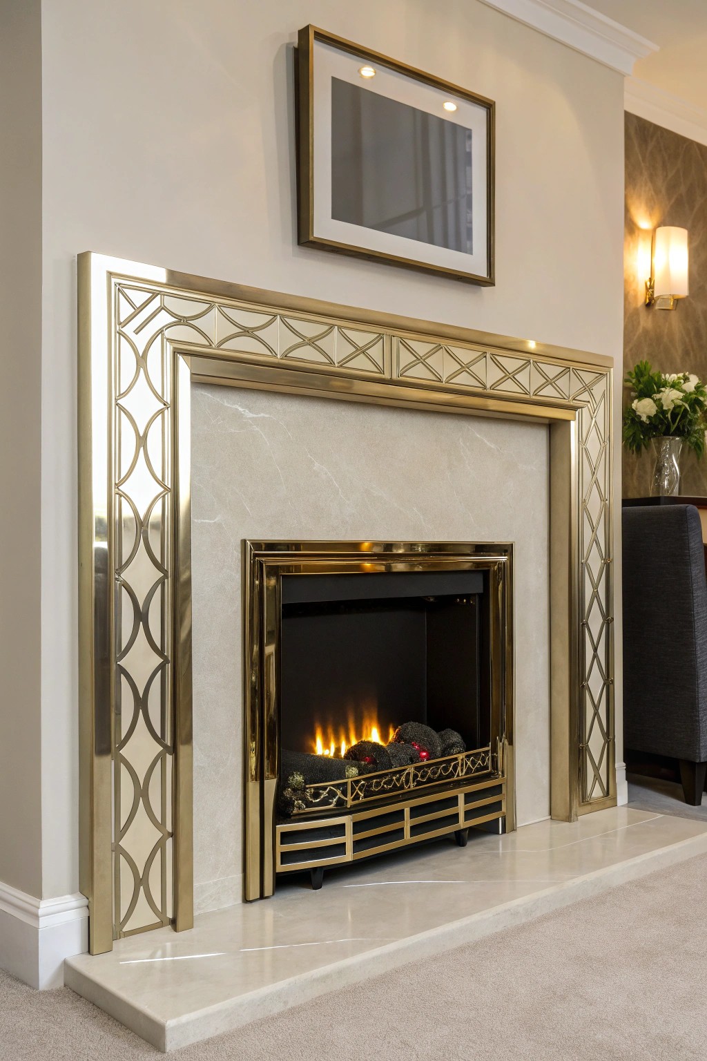 Art Deco elegance: a modern electric fireplace framed with striking brass accents.