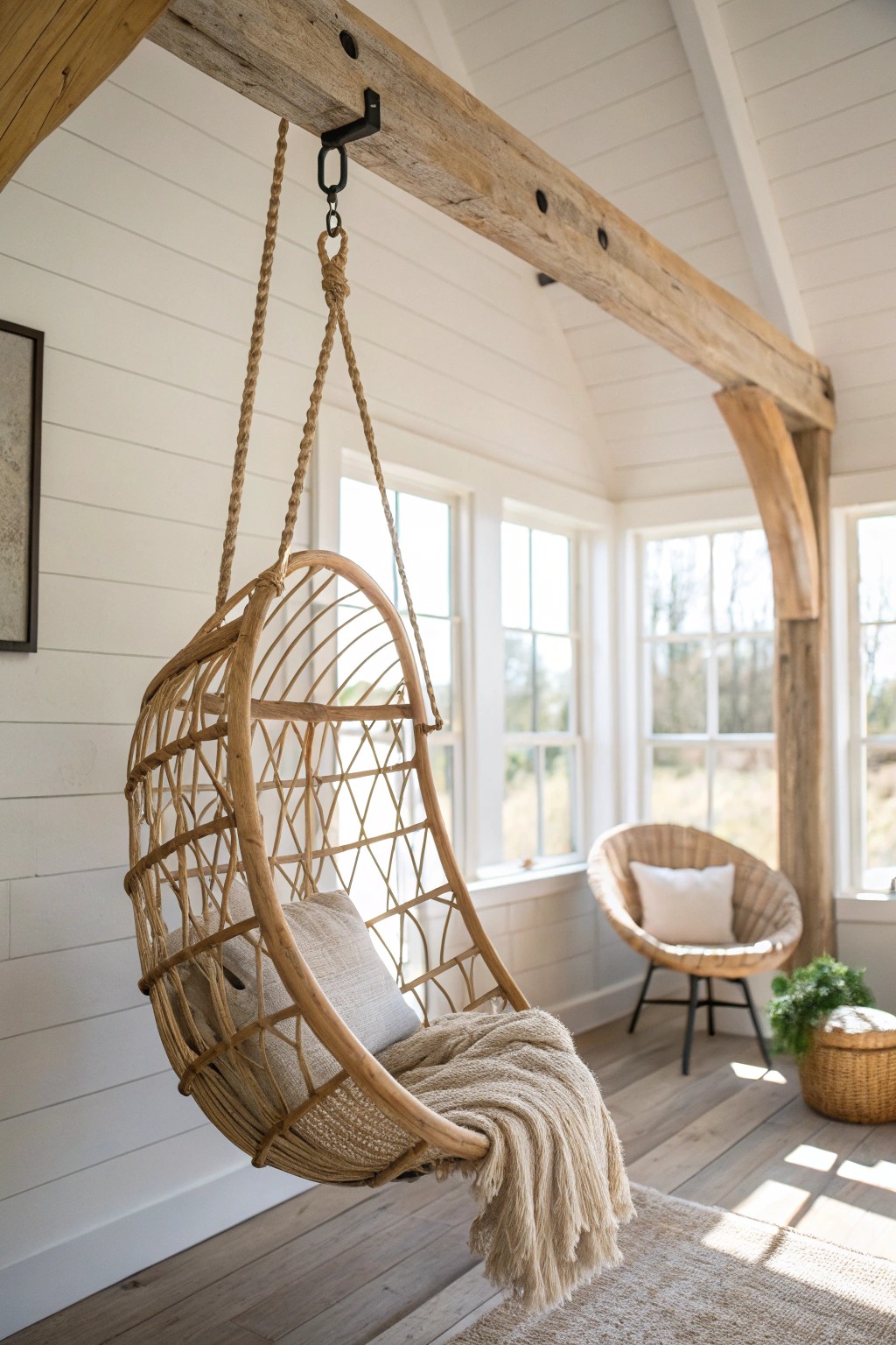 Bring playful charm to your farmhouse living room with a cozy rattan swing chair.
