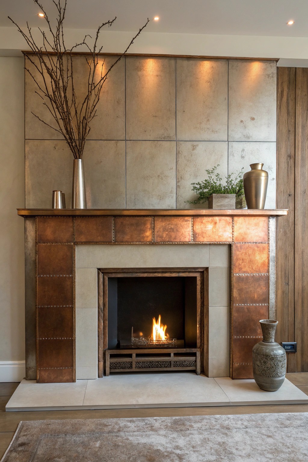 Transform your fireplace with stunning aged copper cladding for a touch of modern artistry.