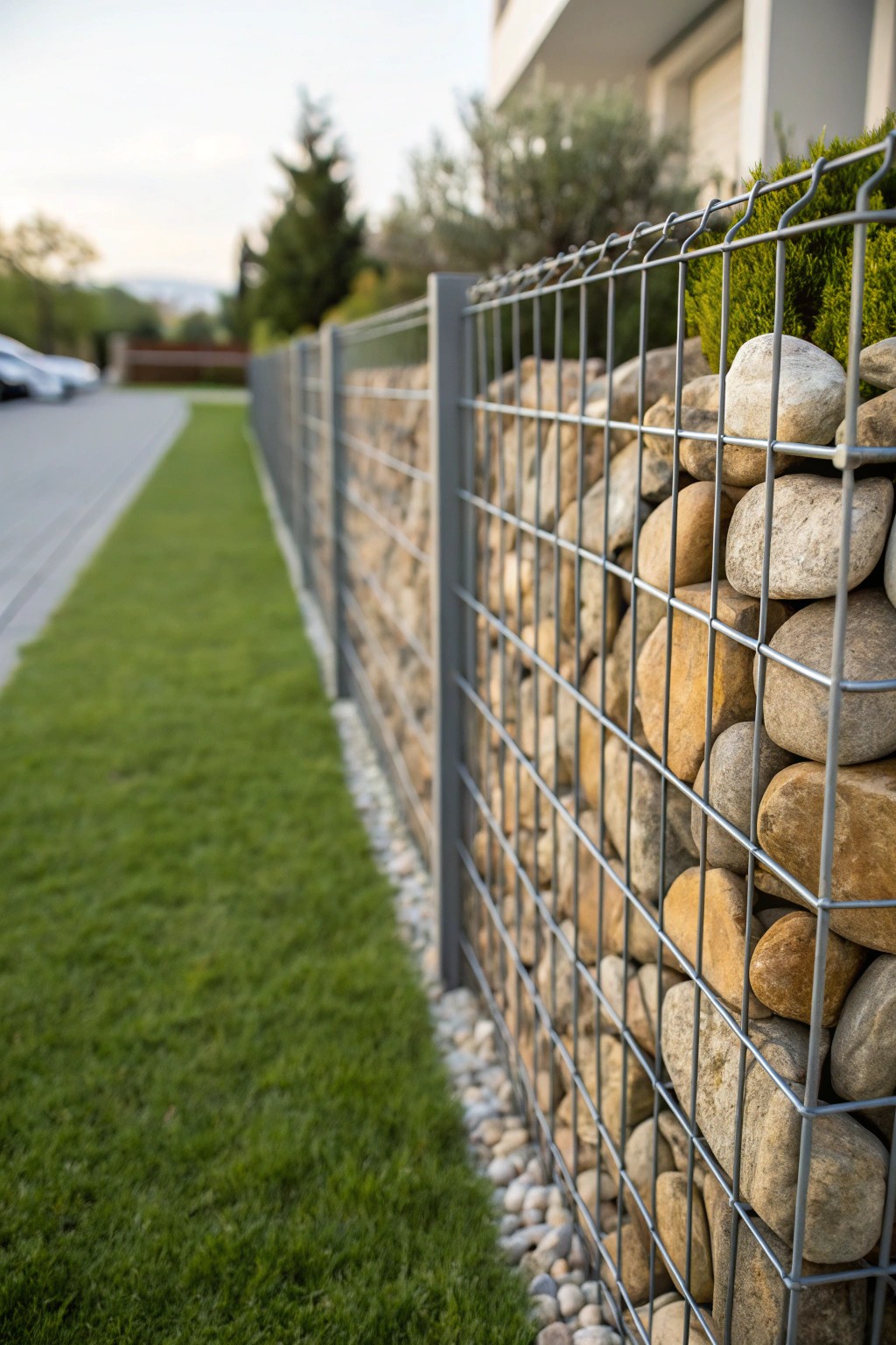 Elevate your curb appeal with a beautifully crafted gabion stone fence.