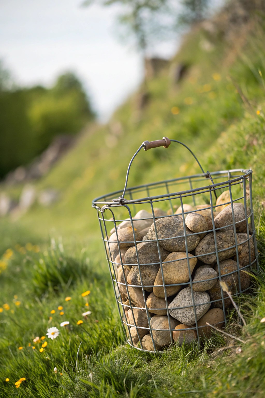 Modern hillside charm: a gabion basket blends strength and beauty on a budget.