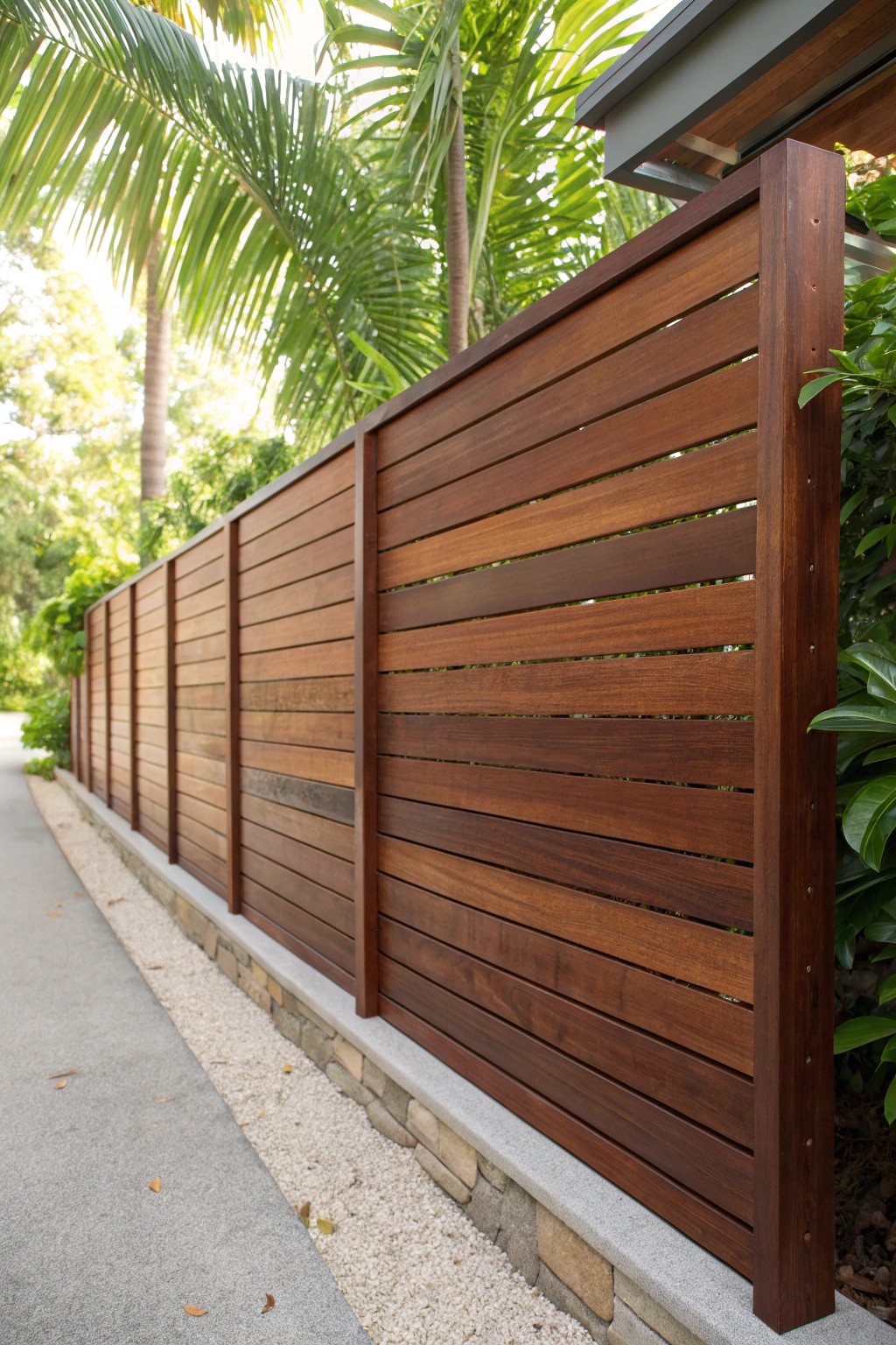 Rich mahogany warmth: a horizontal fence that elevates your outdoor oasis.
