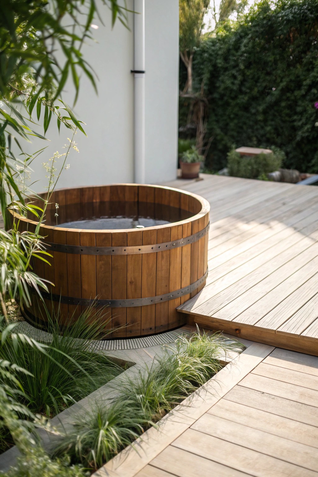 Sleek sunken hot tub: effortless privacy, pure craftsmanship.