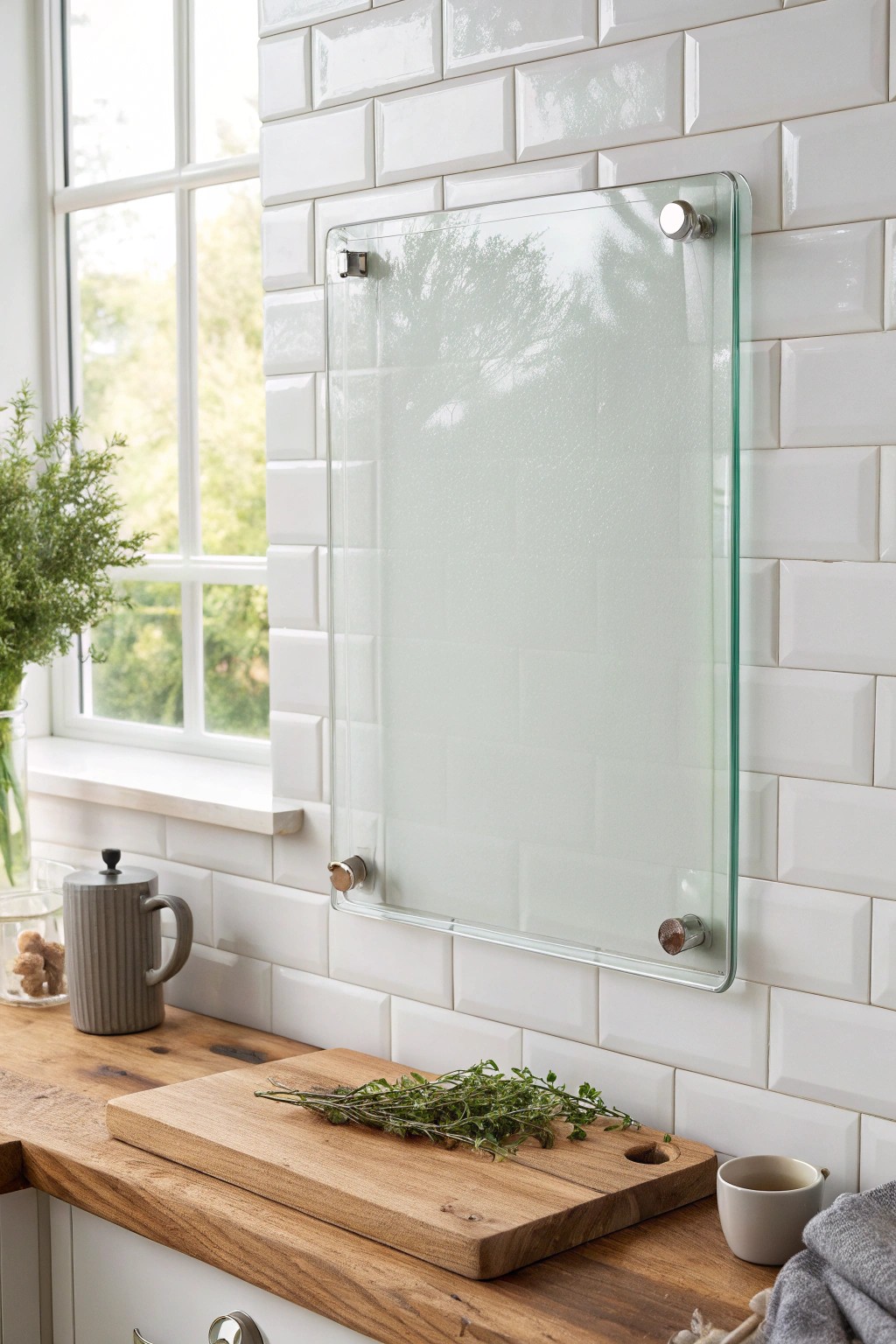 Transform your kitchen with a sleek glass cutting board backsplash—affordable elegance meets modern simplicity.