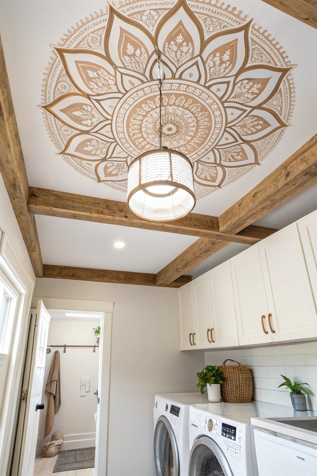 Elevate laundry day with a handcrafted mandala ceiling—simplicity meets artistry overhead.