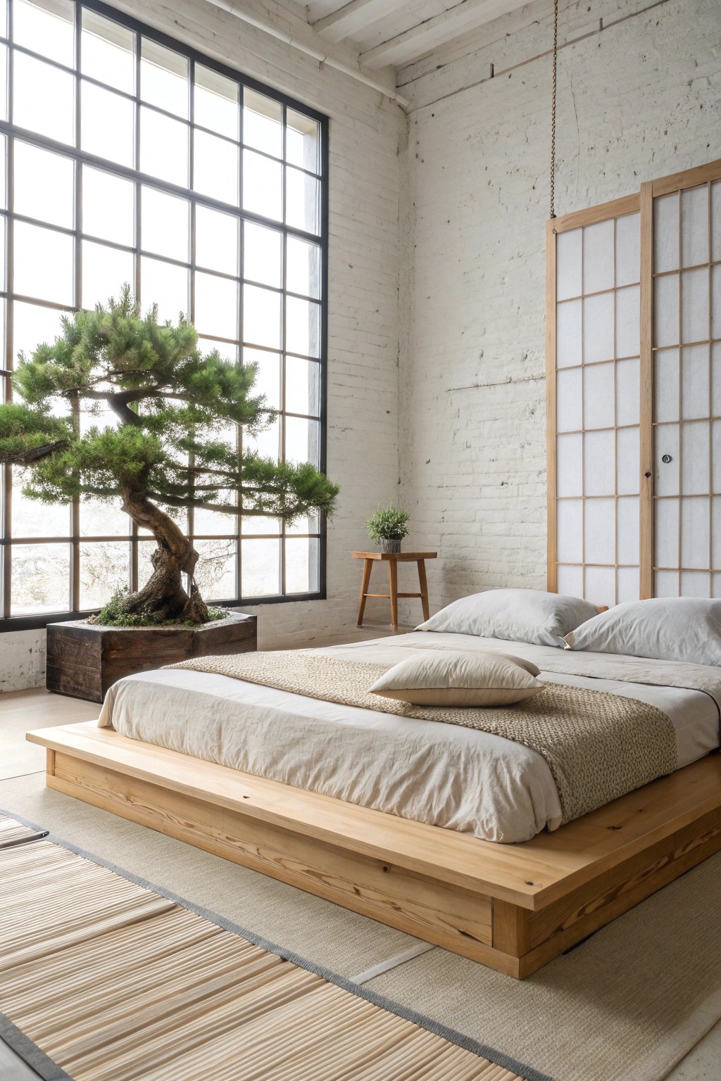 Serene simplicity: a Zen-inspired loft sanctuary with natural materials and peaceful vibes.
